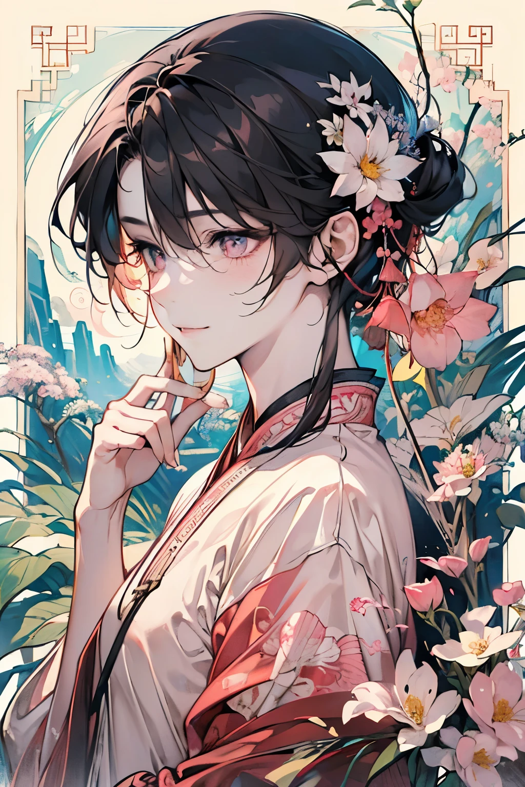 (old male:1.45)、(masterpiece、highest quality、highest quality、Beautiful and beautiful:1.2)、(Good anatomy:1.5)、Painting of a male with milky black hair、Shy smile、Sparkling Eyes、(dark eyes)、(looking down:1.3)、A waterfall is flowing between the flowers and leaves、(sunny days:1.45)、(black、pink、orange、cream:1.2)、(Chinese hanfu man:1.25)、(Summer resort:1.3)、I'm embarrassed and my face turns red、((Bathing:1.2))、(barefoot)、(playing by flapping their feet:1.2)、Close-up of face