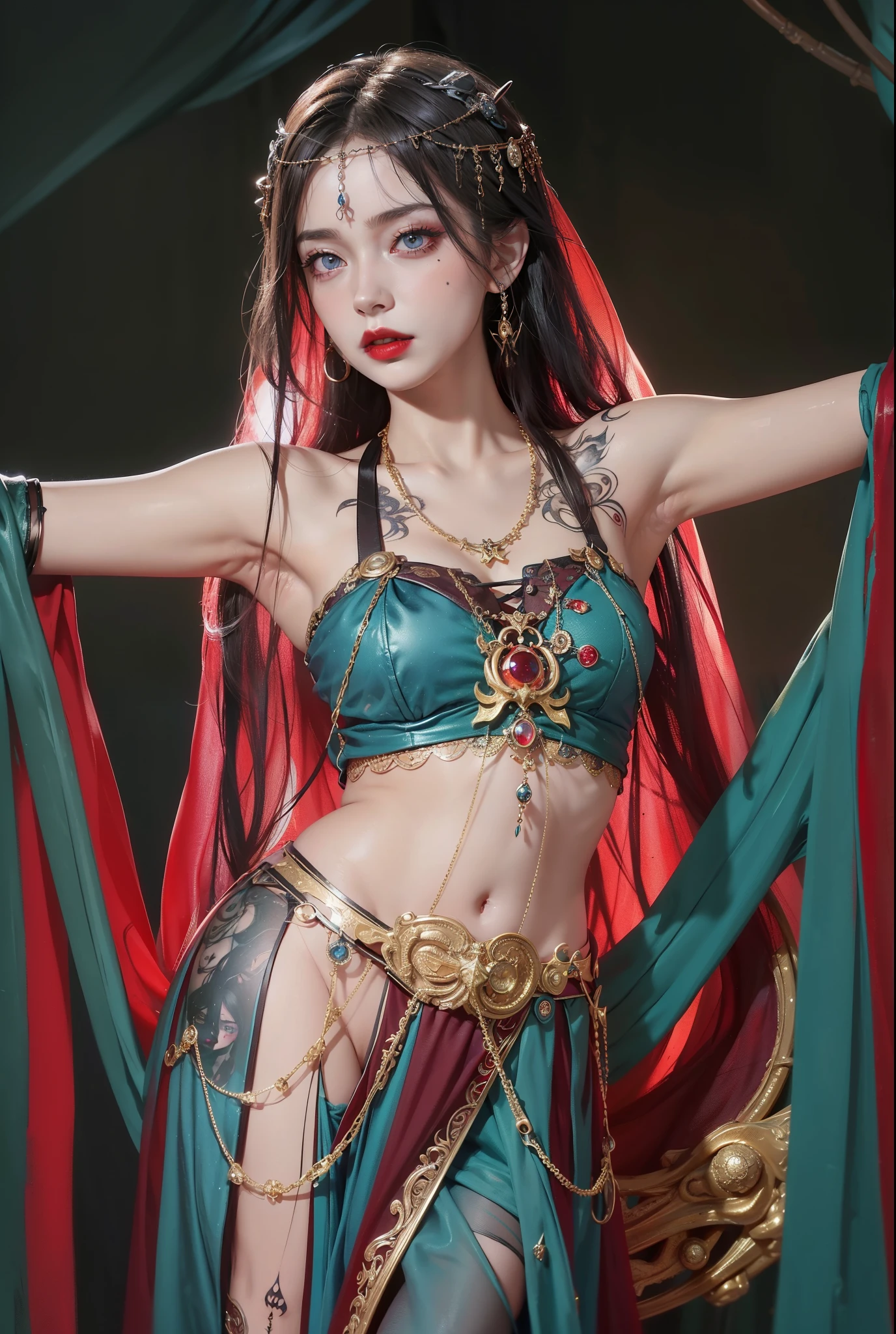 Detailed image quality，Witch Pandora，wing, Succubus Theme，堕落Angel，Excellent，scary，Secret Terror，Tentacles，With eyes，Uncanny Valley Effect，Beast Blood Moon，skeleton，vampire，Hellfire，Dark Queen，Angel，magician magic witch，16岁Angel，Eyes are blue(Pupils as deep as the starry sky)，Gorgeous tattoo designs all over the body，Surreal photos(8K picture quality，Rich in details)，Dark eyeshadow，Sexy thick lips(Red lipstick)，Tattoo designs on body，Dark Queen，Light Armor，