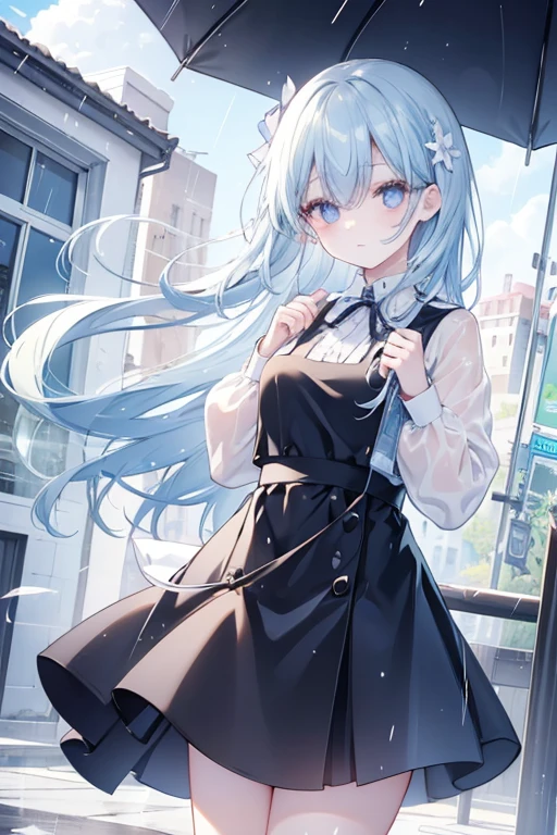 （Pretty sister:1.3）、long eyelashes、happy face,spring atmosphere、noon、aggressive、hot、((strong wind))、black skirt、shining eyes、light blue y shirt、Cafe、heavy rain