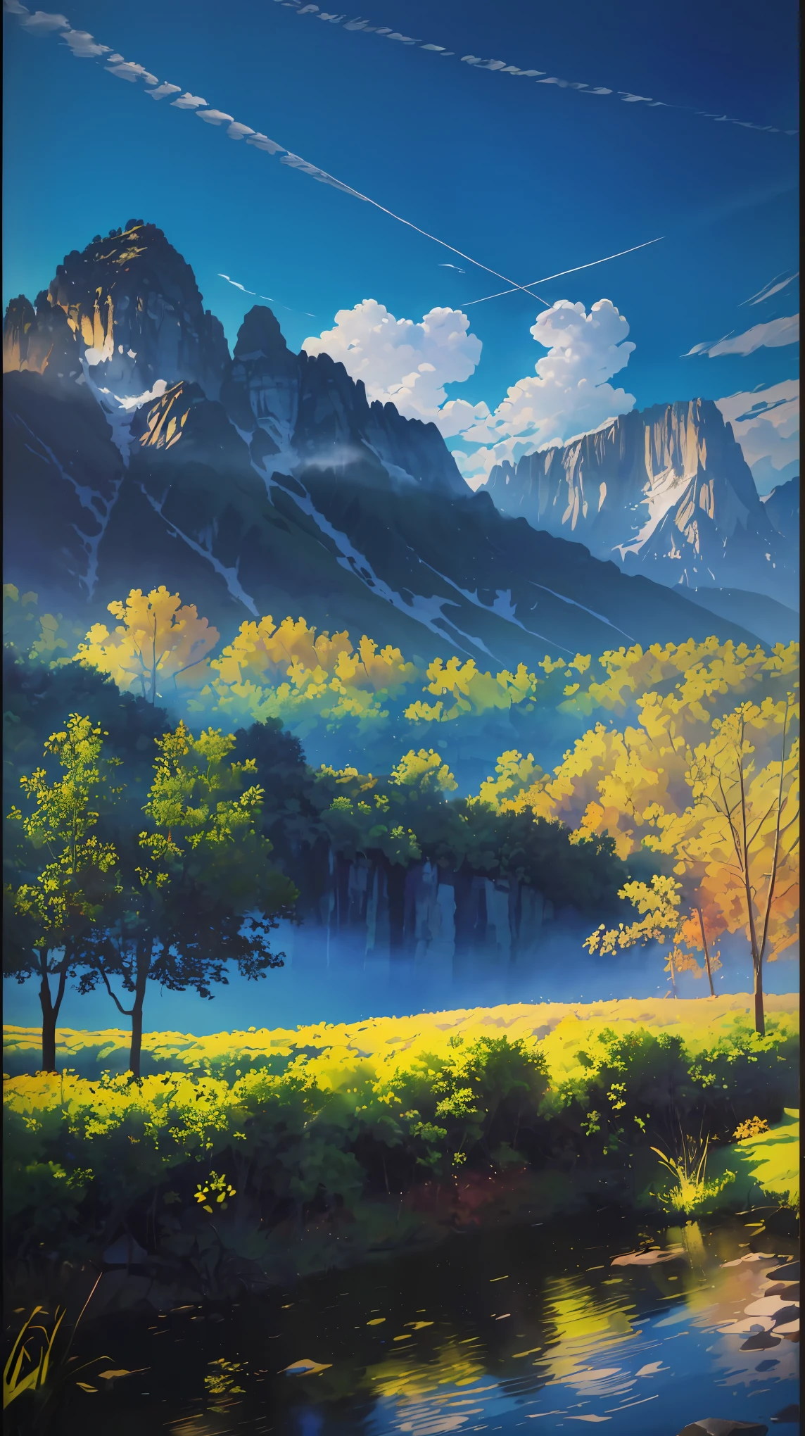 (best quality,4k,8k,highres,masterpiece:1.2),ultra-detailed,(realistic,photorealistic,photo-realistic:1.37),watercolor,landscape,mountain range,river,tree,sky,clouds,sunlight,reflection,vibrant colors,detailed details,impressionism,studio lighting,soft focus,vivid colors