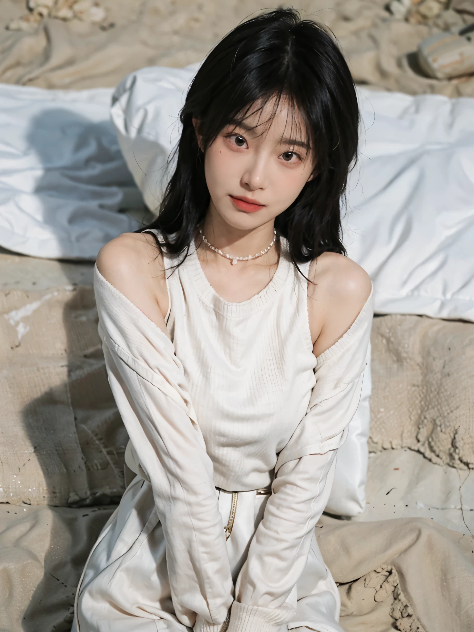 best qualtiy, Ultra-high resolution, (realisticlying:1.4),cute hairpin,1girll,with long coiled hair,Quartered sweater ,Blushlush,Beautiful woman with a slim figure:1.4, Pronounced abs,On the sandy beach,Ultra-fine face,Elaborate Eyes,double eyelid,choker necklace