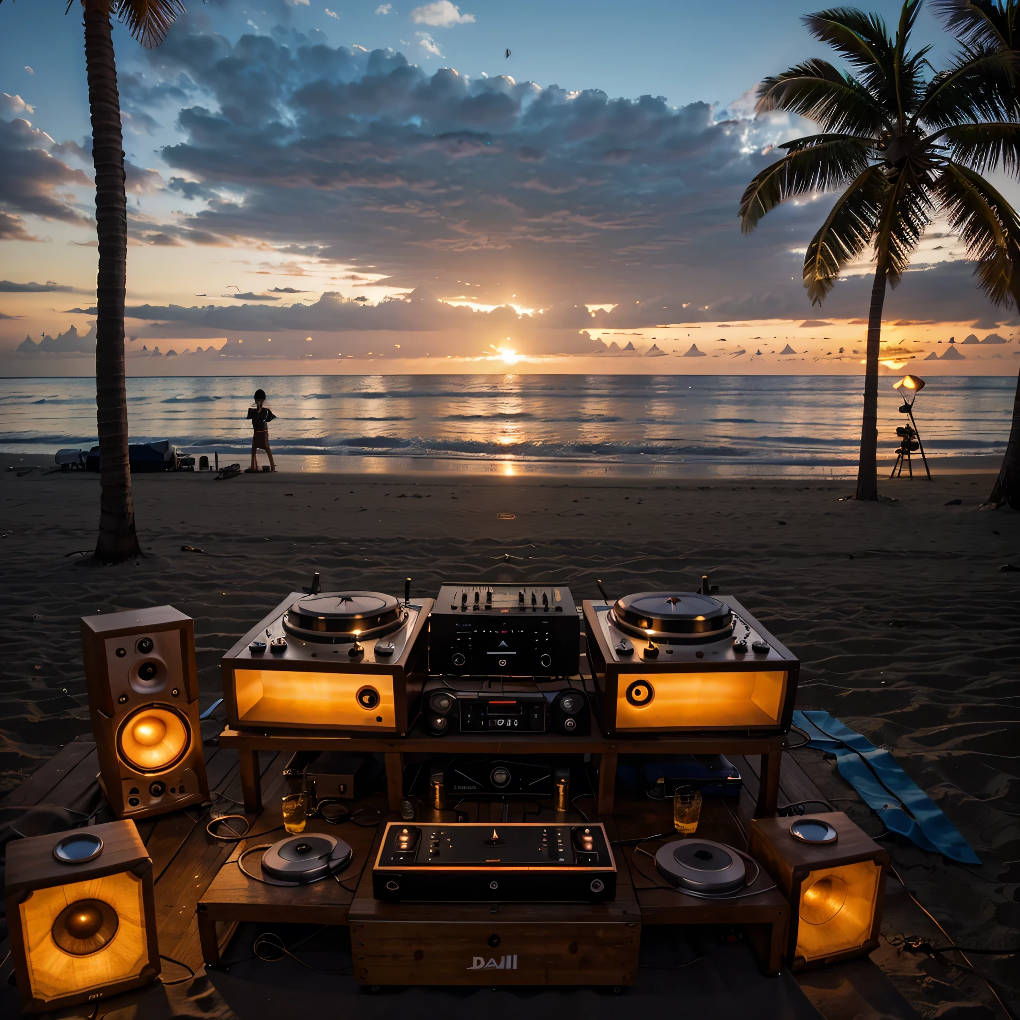 doble deck DJ pikup, and speakers, on a beach, at sunset, in a tourist spot in Bahia