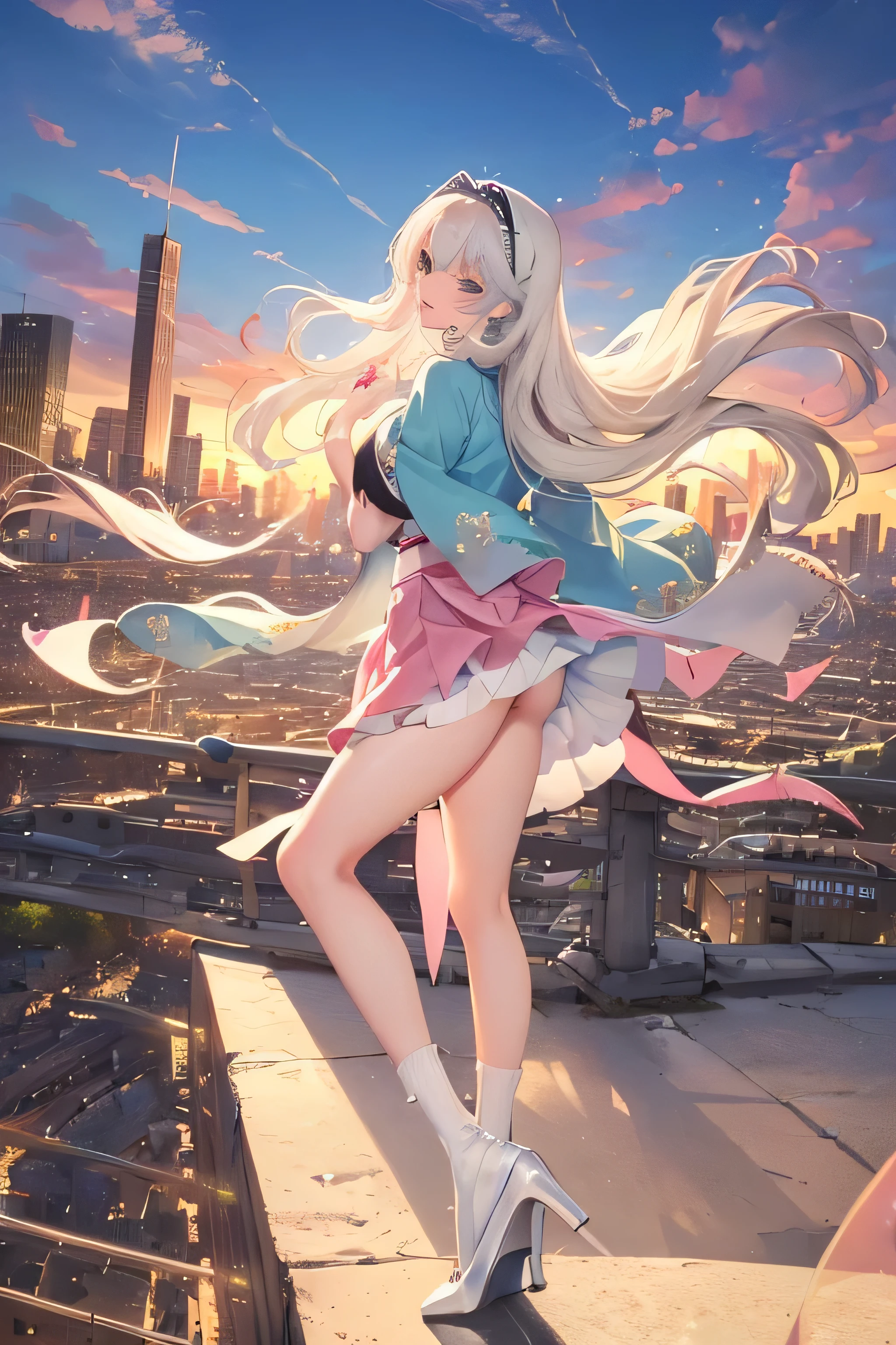 Official Art, masterpiece, Clear focus, (beautiful, Beautiful and cute Korean woman:1.3), (Beautiful and cute Korean:1.3), Korean beauty, Exquisite beautiful hair、Eyes and face, actual, Super detailed, beautiful girl, Blue sky, Glowing white particles, (Side Light:1.2), Sunlight, White Cloud, Detailed clouds, Slim, Such a cute big ass, Smile with teeth bared, ((Smile with your eyes, Open your eyes)), landscape, Long straight hair, sexy facial expression, architecture, (city View:1.7), Dynamic Hair, very Long straight hair, Delicate platinum-blonde hair, Green Eyes, Pink skirt, Black socks, Pale skin, Hair accessories, epic landscape,,White high heels,Nice ass,beautiful buttocks,There's nothing under the skirt.,weight loss