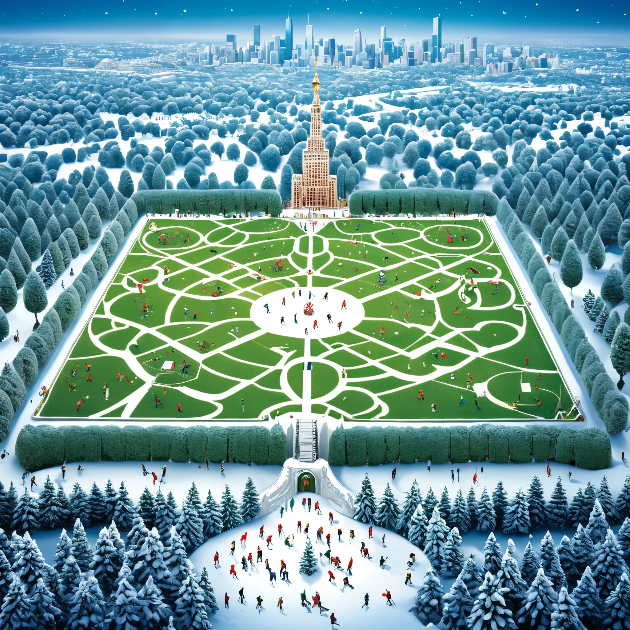 cgi, extremely detailed, illustration of a giant map, modern version of bosch's garden of earthly delights, slightly surreal and sleek, architectural, but showing a huge snowy festive central park scene with lots of tiny holiday vignettes and details throughout, little scenes inspired by different sports activities, including a snowy baseball field, the empire statebuilding, snowy polo match, snowy red racecars, festive, ralph lauren style, rich, detailed, luxury
