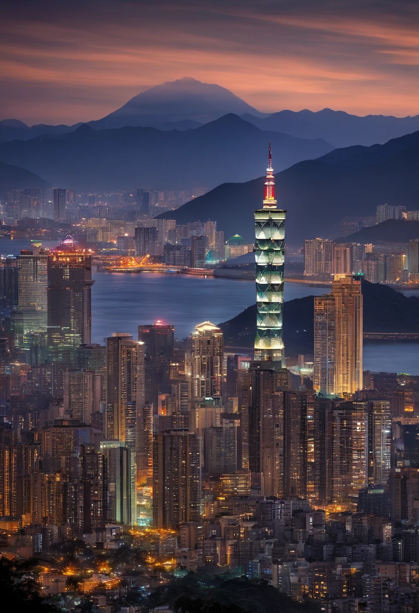 Taipei 101的城市天际线夜景与桥梁，Taipei 101，Taipei at night，beautiful city，in Taipei，Taiwan，Beautiful high resolution stunning backgrounds