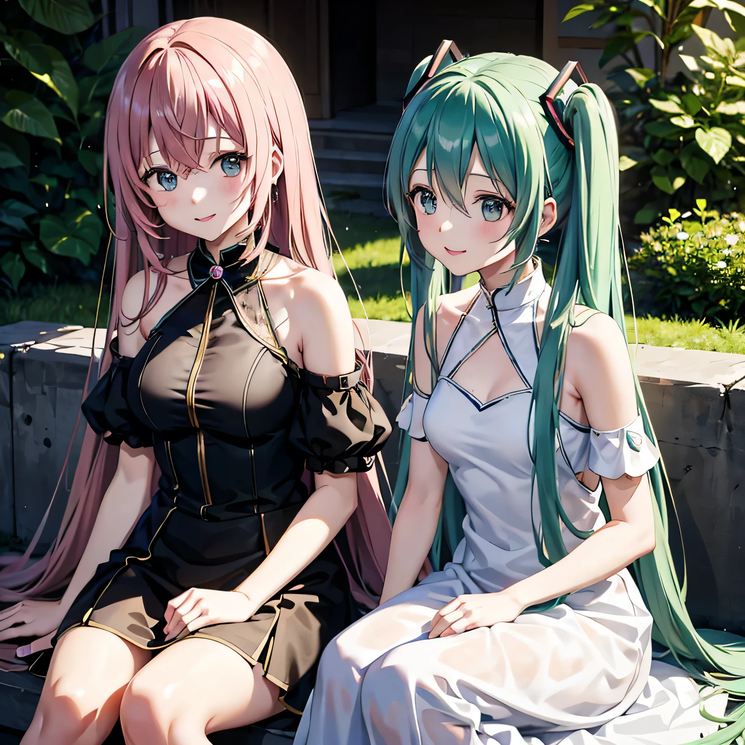 hatsune miku、megurine luka、Two Girls、Smiling、Looking this way、Wearing a sheer white dress、They are hugging each other、Sitting