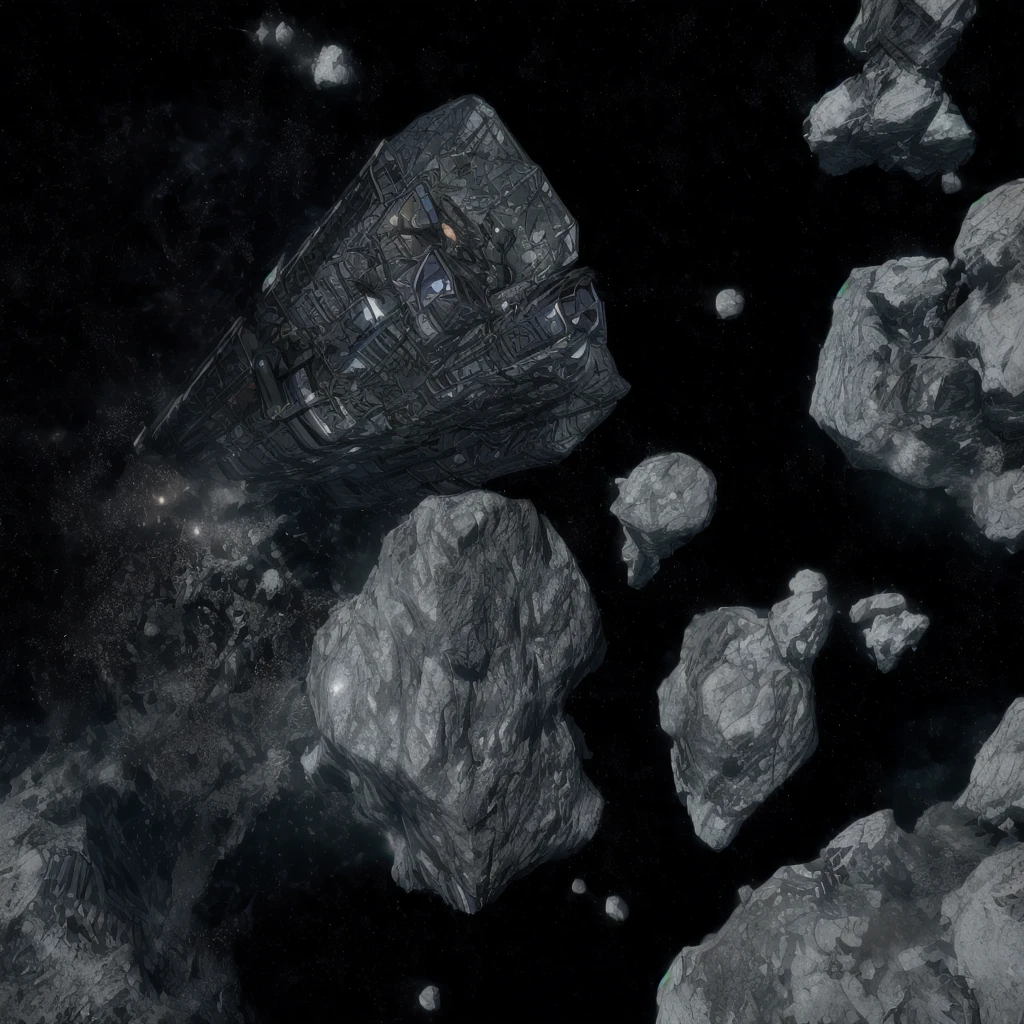 Space cosmo-pirates hidden base on asteroid with docked spaceships, very detailed closeup view, cyberpunk style, 8k, sci-fi