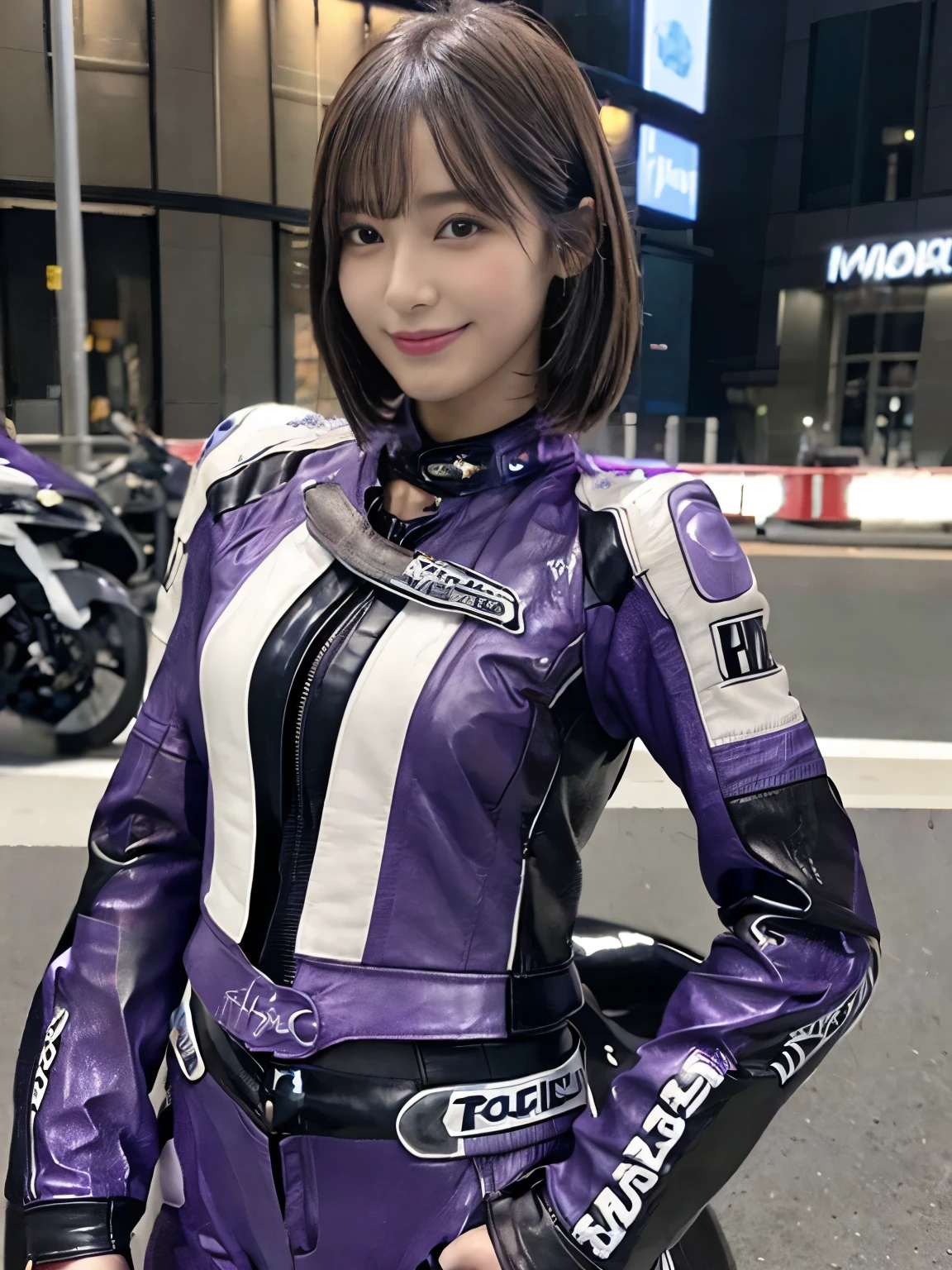 (Realistic:1.5), 8k, Ultra-high-definition beauty, 1 female, Intricate body details, (short: 1.3), (highest quality: 1.0), (Super sharpness: 1.0), (Thin Hair:1.4),（Beautiful and delicate depiction of eyes）,((((Riding a motorcycle)))),Unreal Engine:1.4,photoRealistic:1.4, Skin Texture:1.4, masterpiece:1.8,highest quality at best,Full Body Shot、(((Purple racing leather suit and long pants)))、Long limbs、smile