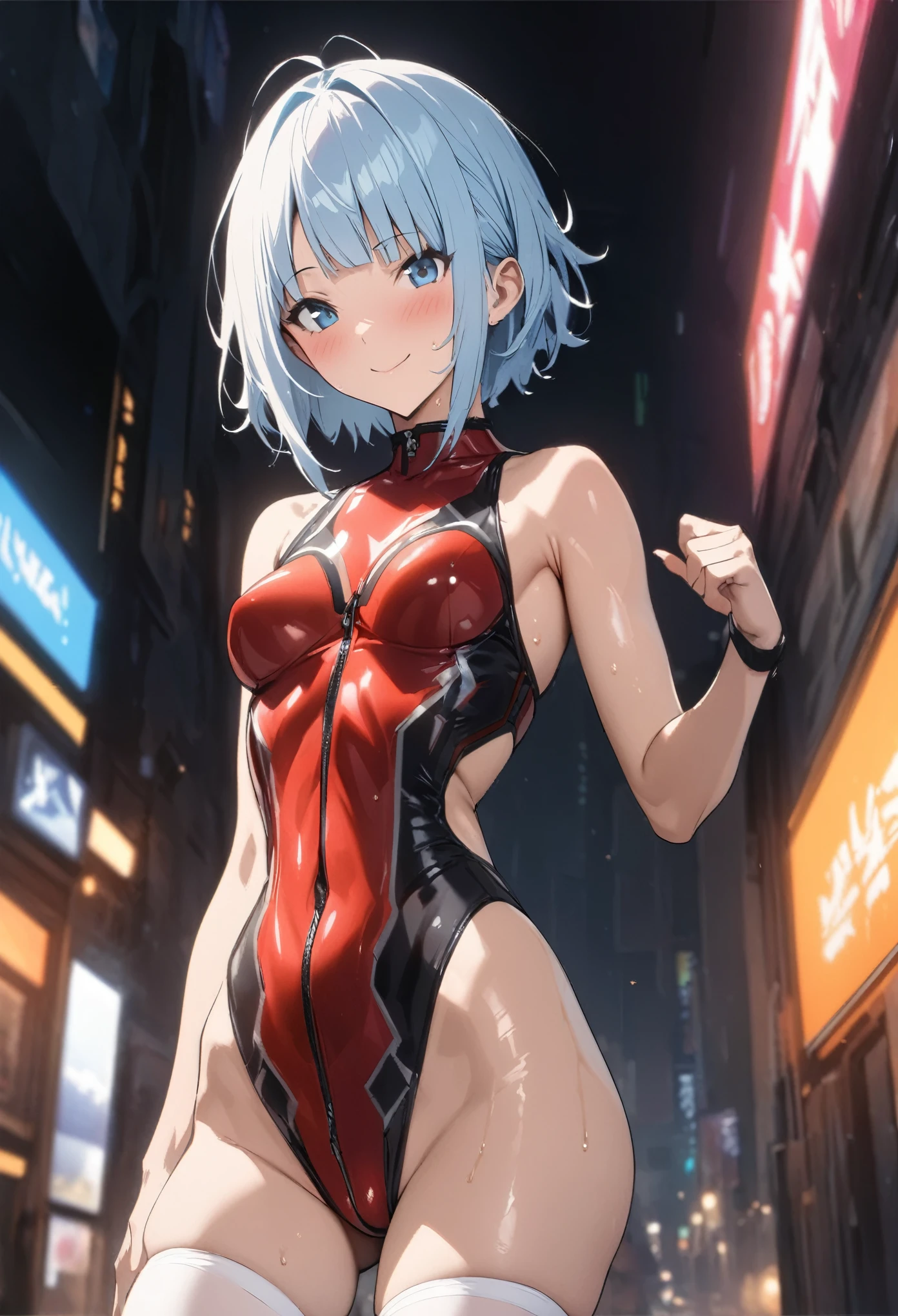 ((masterpiece, highest quality:1.2)),cowboy shot,1woman,20 year old beauty,solo,((very small head)),short hair,messy hair,light blue hair,blue eyes,blunt,((very long and slender body)),toned body,skinny,medium breasts,shiny skin,oily skin,blush,smile, BREAK ,Red rider suit、 High leg、white_thighhighs、 BREAK ,Harley Davidsonを運転、Harley Davidson、on road,Big cities、Cyberpunk World、
