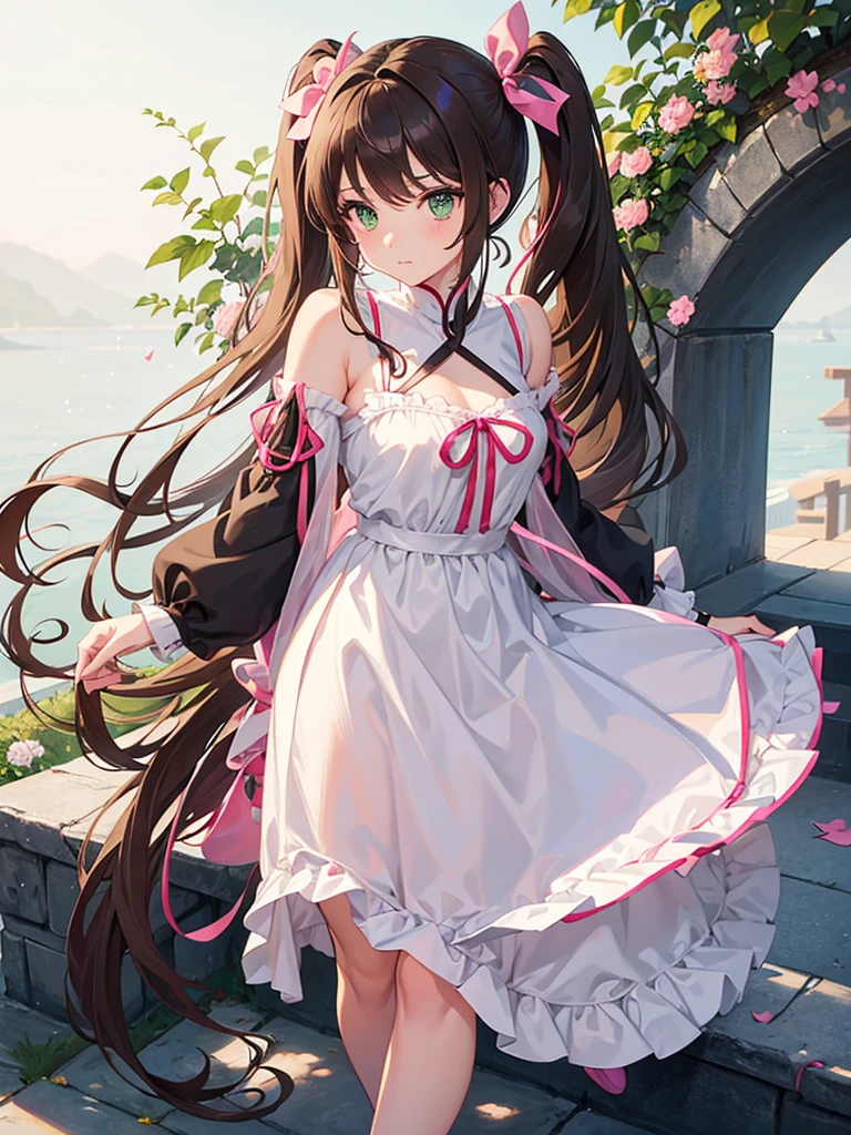 A girl with an innocent face, green eyes, medium hair with brown hair with a pink ribbon, twin tails, a little bulging chest, all sides are tied with black strings, white china clothes are long Short, no sleeves, black shoes,