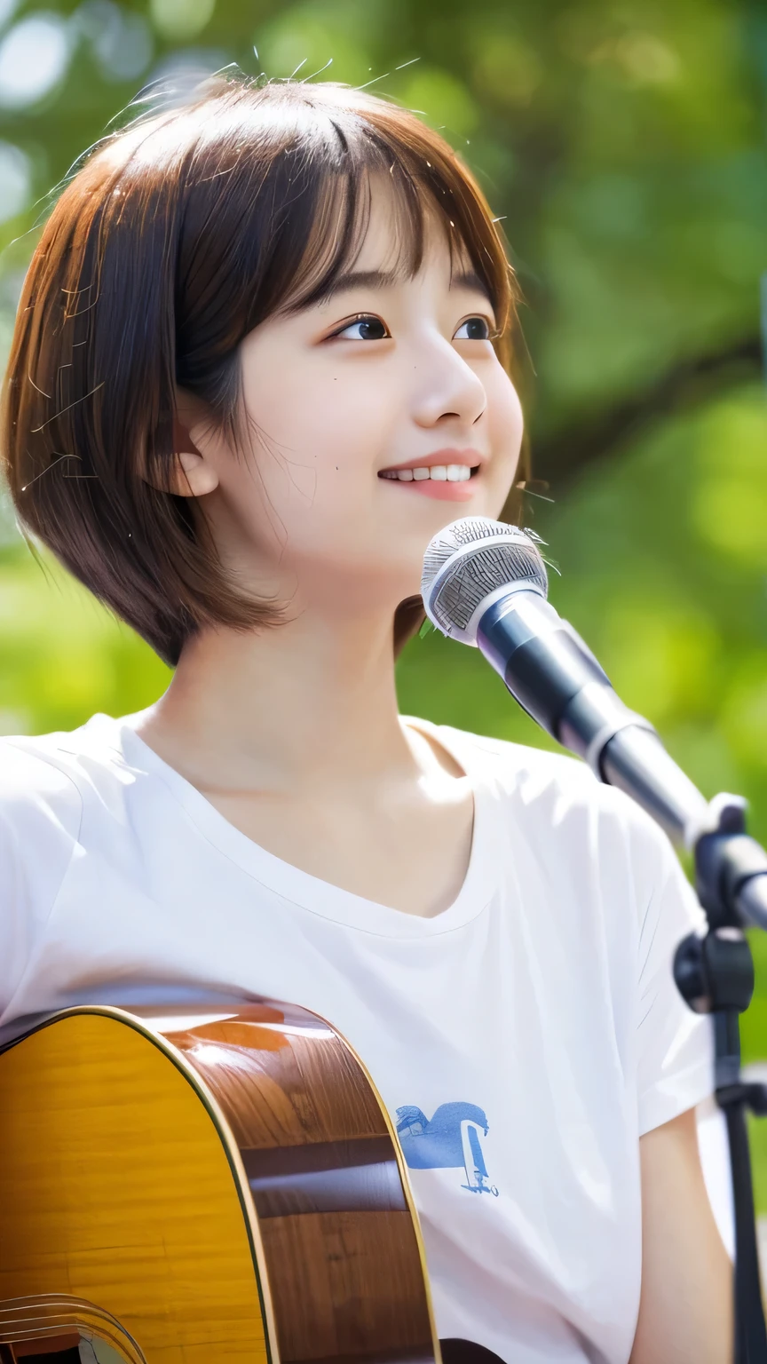 masterpiece　High resolution　Female student　Delicate face　very cute　natural atmosphere　boyish　16 years old　Bobcut　Dimples　Mole　Tanuki face　White T-shirt　Playing Acoustic Guitar　Are standing　No microphone