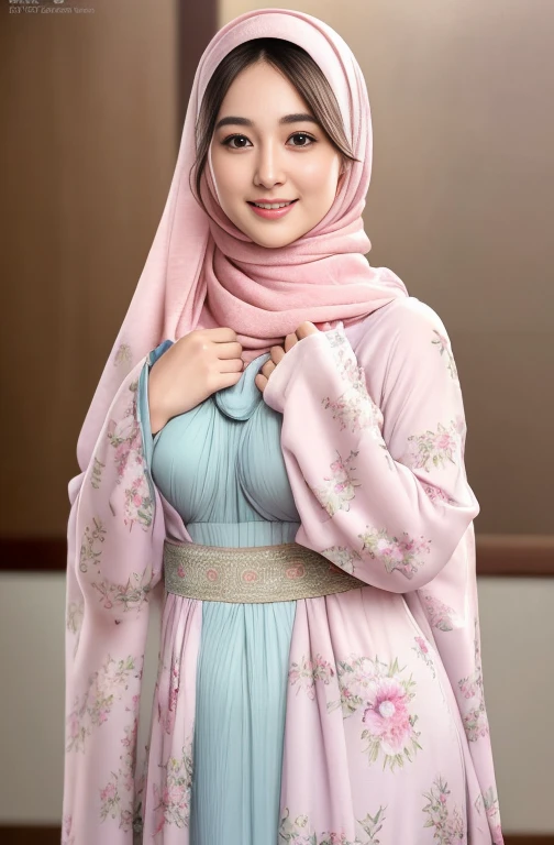 (RAW photo:1.2), (photorealistic:1.4),(masterpiece:1.3),(best quality:1.4),ultra high res,(detailed eyes),(detailed facial features),(detailed clothes features),HDR,8k resolution, skin tight, (((high detailed skin,visible pores))), dreamlike, (ulzzang-6500-v1.1:0.5),pureerosface_v1:0.2, face close-up, 1 girl,tall, 30 yo, medium breast, wearing transparant tight open pastel floral malay gamis with long pashmina hijab, gamis unbuttoned loose opened, no bra, no underwear, showing Nude breasts. full body, smile, luna maya, wearing high heels, Full body photo shot