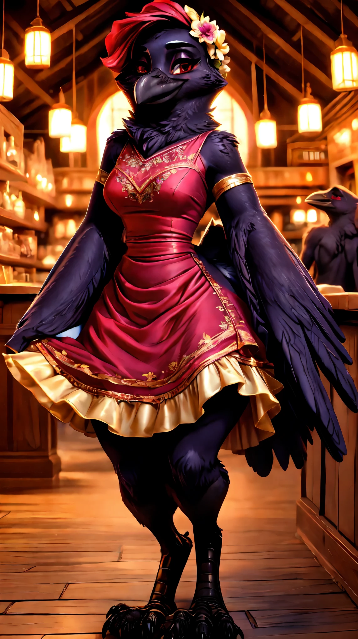 (((blush))),((((Very realistic:1.5)))),((Beautiful big red eyes:1.5)),((((feet visible:1.5)))),(((jewelry))),((full body)),(((anthro crow:1.5))),(((Bar))),((Lover-like relationship)),((sexy Dress)),smile,((flower hair ornament)),female, ((((winged-arms)))),((sitting)),((wine bottle)),portrait, Medium breasts, beak,cute,Super high quality,masterpiece,heart shaped pupils,(highest quality,4k,8K,High resolution,masterpiece:1.2), Super detailed, HDR, UHD, studio lightning, ultra-fine goodinting, sharp focus, Physically based rendering, extrine detail description, Professional, Bright colors, Bokeh, (in) you bring, landscape, photograph, concept artist (Style), (with) vibrant color goodlette, (good) soft lighting.