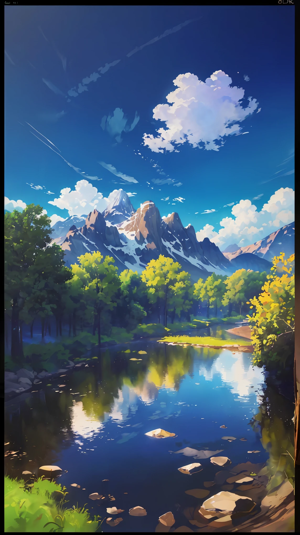 (best quality,4k,8k,highres,masterpiece:1.2),ultra-detailed,(realistic,photorealistic,photo-realistic:1.37),watercolor,landscape,mountain range,river,tree,sky,clouds,sunlight,reflection,vibrant colors,detailed details,impressionism,studio lighting,soft focus,vivid colors
