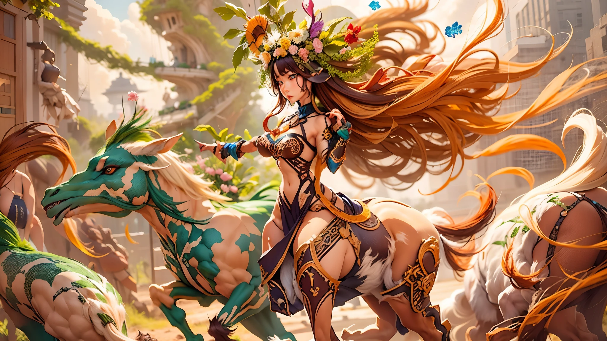 In the beautiful illustration of this super-grand scene，The ultra-distant lens shows us（More than eight distinctive and beautiful Centaur characters：2.7），Their personality、Distinctive and vivid features。from（A radiant, angelic, snow-white centaur from heaven：1.1），arrive（Nightmare-like fiery red centaur surrounded by flames：1.1）、再arrive（Green Centaur, the wind fairy dancing in the air：1.1）、再arrive有（One-horned blue centaur surrounded by lightning：1.1），arrive（A mechanical-style mecha Centaur shining with metallic light：1.1）、再arrive（A powerful dragon-shaped centaur wearing colorful dragon scale leather：1.1）、再arrive（A slender elven centaur that is graceful and agile：1.1）Gracefully wears a flower crown、arrive（Enchanting and charming Tiflin centaurs：1.1）、再arrive（A succubus centaur with an indescribably sexy feeling：1.1）。Each Centaur character fully demonstrates his unique style。The illustration uses advanced artistic techniques and tools，Use nesting、Weaving、Splicing、perspective、interlude、Montage and other artistic techniques，Divide the scene into sections by geometric arrangement，Each part corresponds to a role，from而更有效地利用了空间，Make eight centaurs exist in one picture at the same time，（The style tends to be grotesque、Hayao Miyazaki、Aesthetic、indescribable：3.3）。Through Midjourney's advanced brush tools、Color palette、Material packs和模型包、Texture tools，For each centaur, beautiful props are designed to increase racial characteristics、Clothing and physical features，Enhances the character's personality and visual appeal，（Stunning landscapes in illustrations，There are changing skies、rainbow、aurora、Stars and Moon，Incorporating iconic landmarks such as Mount Everest，and fireworks、Tranquil Lake、Natural and urban elements of waves and neon lights，Creates a magical atmosphere：1.5），Centaurs demonstrate their unique abilities and equipment in a variety of environments，This is true even in extreme alien landscapes。Use Midjourney's tools、Material packs、Texture tools、The color palette makes depicting details vivid and realistic，from复杂的发型和以及不同的种族特质、Body、Appearance features、服装arrive真实的纹理，Greatly improved the realism of the Centaurs and their surroundings，The fusion of multiple art styles adds dynamism to the character&#39;s movement at all angles，The overall visual experience is further enriched。The final illustration was described as a "masterpiece"，It has the characteristics of "best quality" and "realistic"，The details put into the creative process are shown、Level of creativity and craftsmanship。 hdr，（Reality，Masterpiece quality，Best quality）