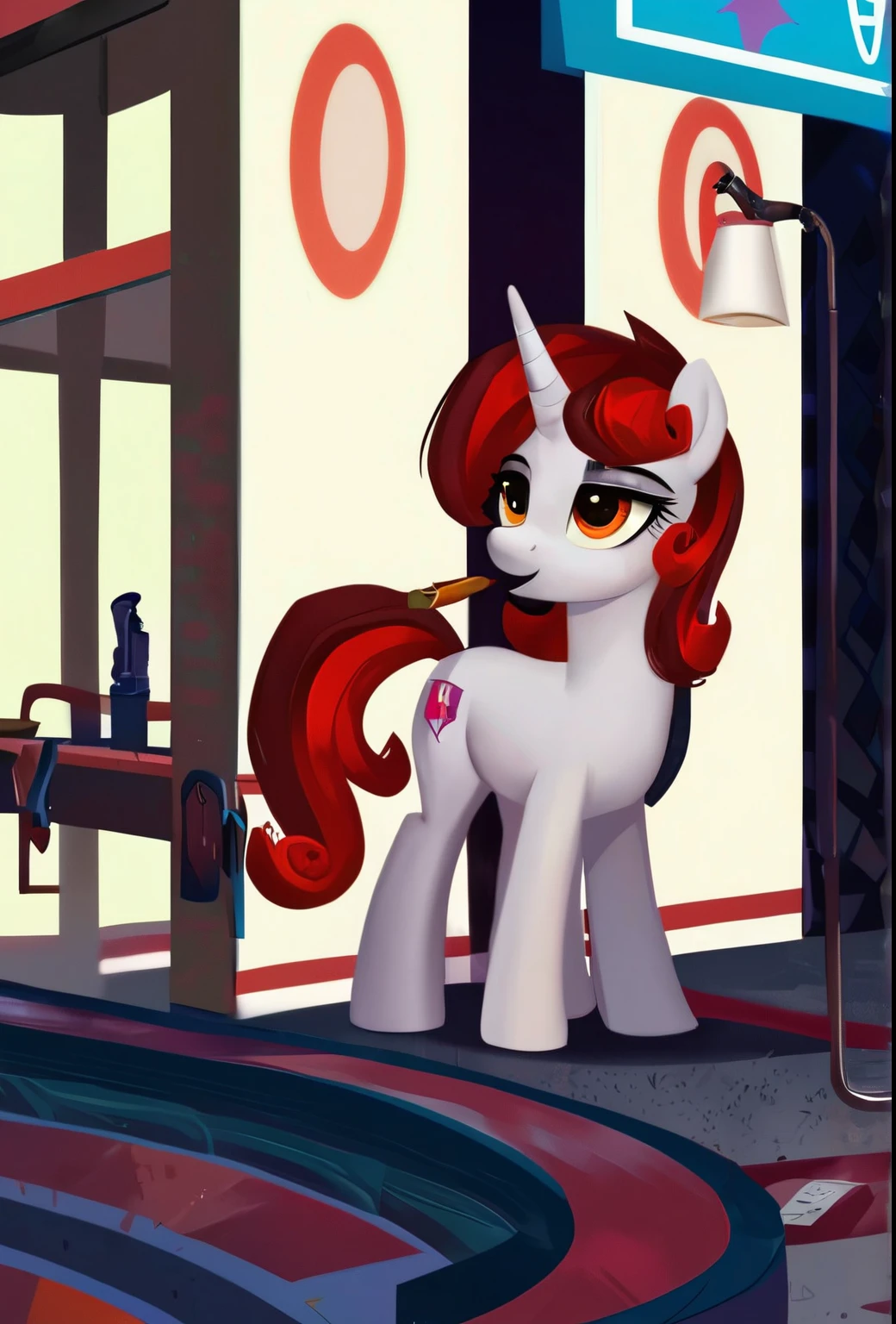 check_9, check_8_up, check_7_up, check_6_up, check_5_up, check_4_up, show exact,Female gender ,walk, swirled ice cream cone,Pipe, red mane, Light blue violetish gray шерсти, Orange eyes, No cutie mark,dark fantasy aesthetics, one full length, pony foal like sweetie belle (physique)