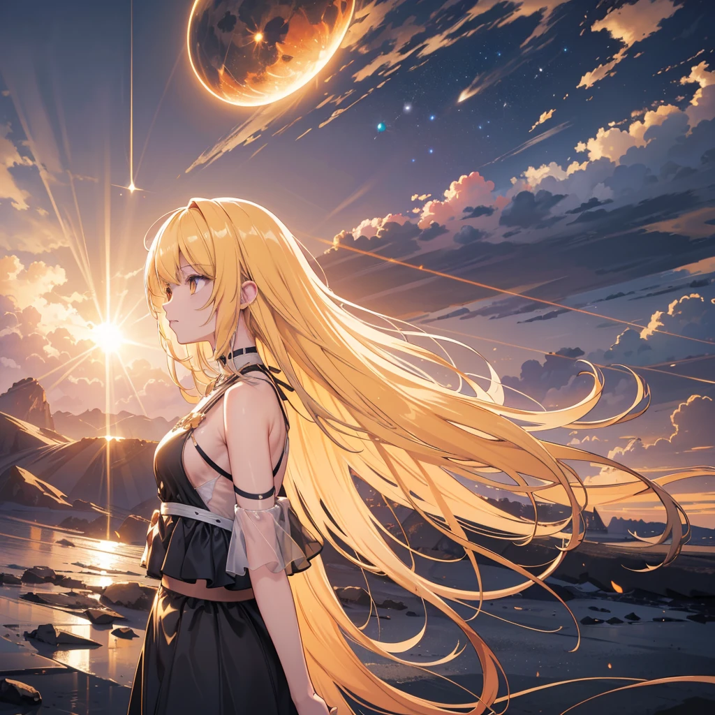 a stunning solar eclipse, dramatic solar corona, dramatic sun rays, golden glow, dramatic lighting, dramatic sky, dramatic clouds, epic cinematic, stunning natural phenomenon, highly detailed, 8k, hyper realistic, masterpiece, award winning, photorealistic, studio lighting, volumetric lighting, dramatic atmosphere, awe-inspiring, epic scale, cinematic composition, dramatic contrast, dynamic range