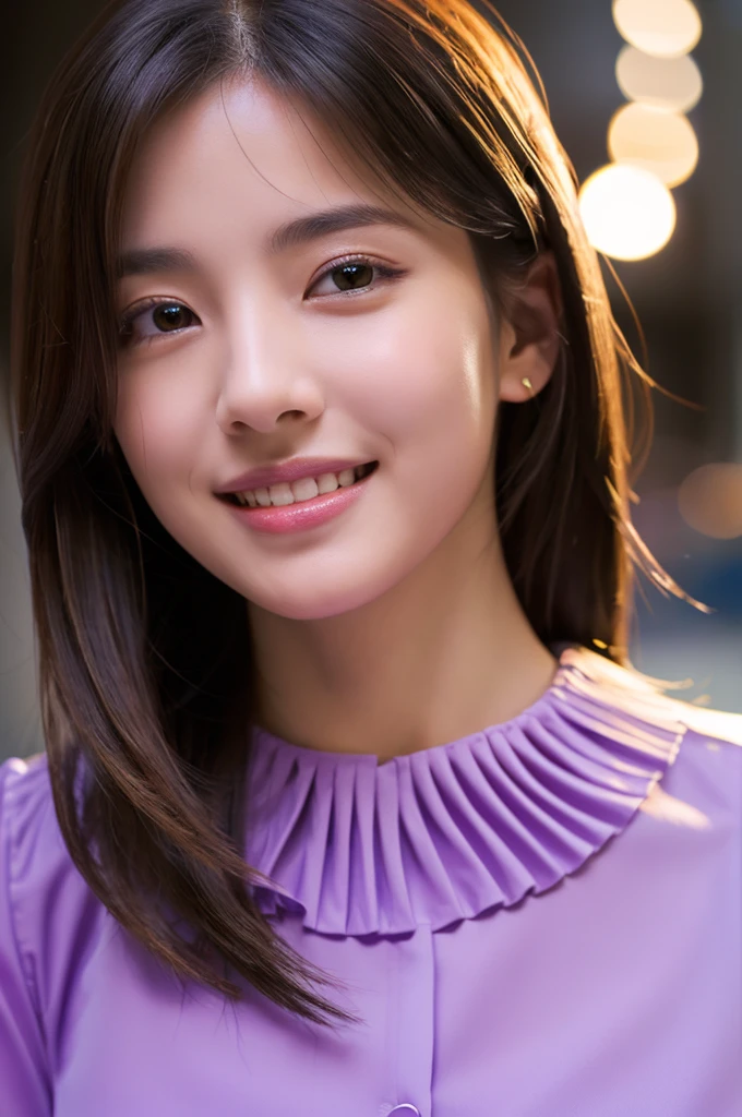1 girl,(Wearing a lilac blouse:1.2),(RAW Photos, highest quality), (Realistic, Photorealistic:1.4), Tabletop, Very delicate and beautiful, Very detailed, 2k wallpaper, wonderful, In detail, Very detailedなCGユニティ8K壁紙, Very detailed, High resolution, Soft Light, Beautiful detailed girl, Very detailed目と顔, Beautiful and detailed nose, Fine and beautiful eyes,Cinema Lighting,City lights at night,Perfect Anatomy,Slender body,smile