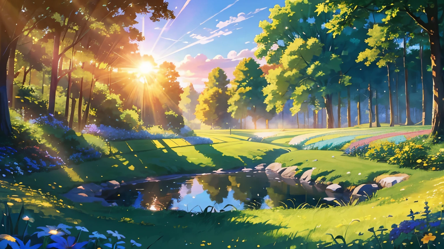  clear blue sky stretches filled with white soft fluffy clouds reflecting the warm hues of sun above the garden with a vibrant green pasture, The scene is peaceful, colorful flowers,The sun’s rays filter through the dense canopy of trees, casting a warm
nature hot, summer day, photorealistic, High quality image, 8K, high detail, perfect precision, perfect composition, Elegant and charming, Realistic style, Warm colors, Soft shadows, sharp details , HD quality , higher lighting style, river