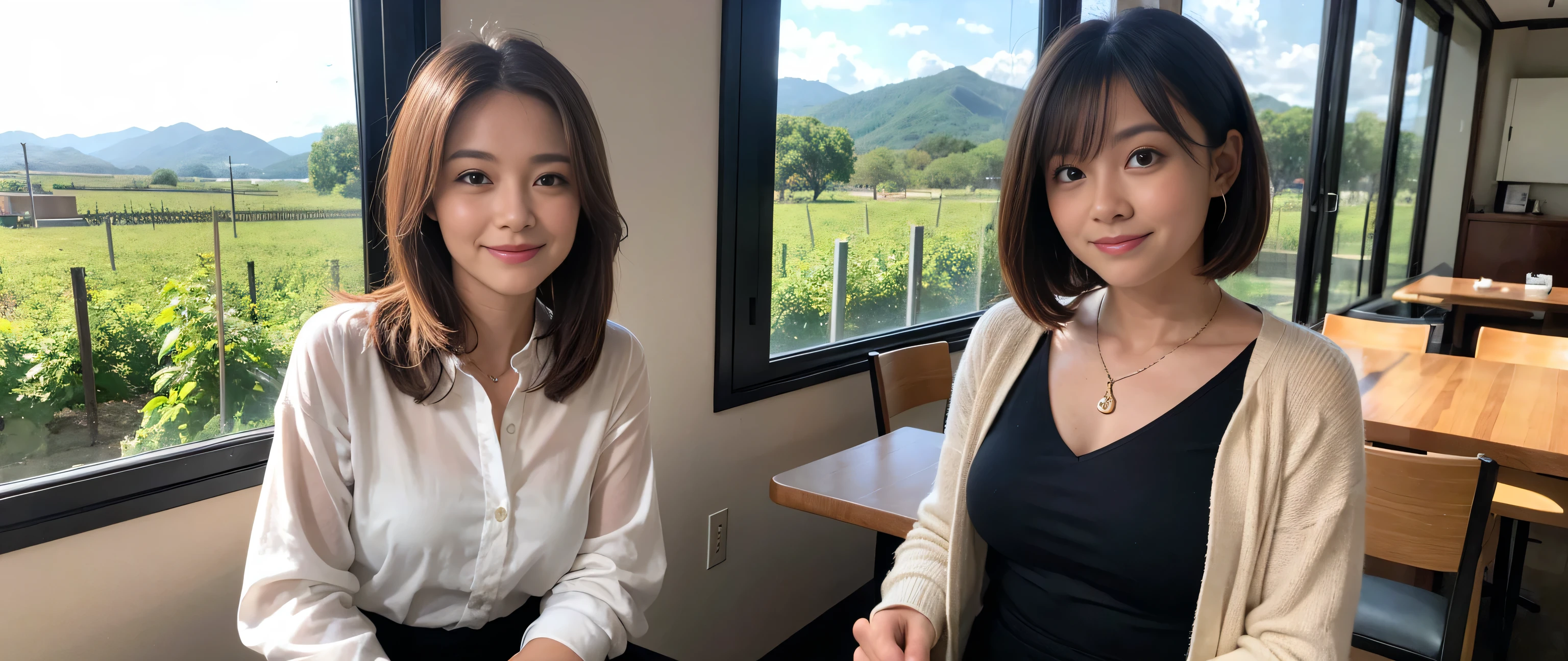 ((highest quality、8k、masterpiece:1.3))、wine 、1 male、1 female、Couple、Lovers Couple、Slim body、((Bob Hale、Straight hair:1.2)), (Realistic, Intricate details:1.2), テーブルにWine Glass、Shine light on your face、 Amazing view of the sunset sky and clouds、Amazing mountain views、A bright smile、The wonderfulness of smile、Bright image、The beauty of wine, Beautiful Face, blue eyes, The light shines on your face, Blushing, short hair,Bright Face、 (Age 37), 39 years old, Red wine 、Appetizers、Italian food、wine bottle、Champagne、Sparkling wine、Two beauties、Brown Hair、Shortcuts、Long sleeve shirt、dress、Pretty Woman 1, (Slim face), (The body is slim), (Brown Hair), (Shortcuts), cheeks turn a little red,Attractive beauty、restaurant, In a prominent place (From the waist up) Nova Frog Style, actress, model, Upper Body, White wine, slim, Wine Glass, 真ん中に置かれたWine Glass, smile, (smile: 1.15), Beautiful fine grain, Depth f/2,saturation, High Contrast, Strong light and shadow,Moist Body:1.5、3D texture、Delicate eyes、Brown Hair、The hair is very shiny、