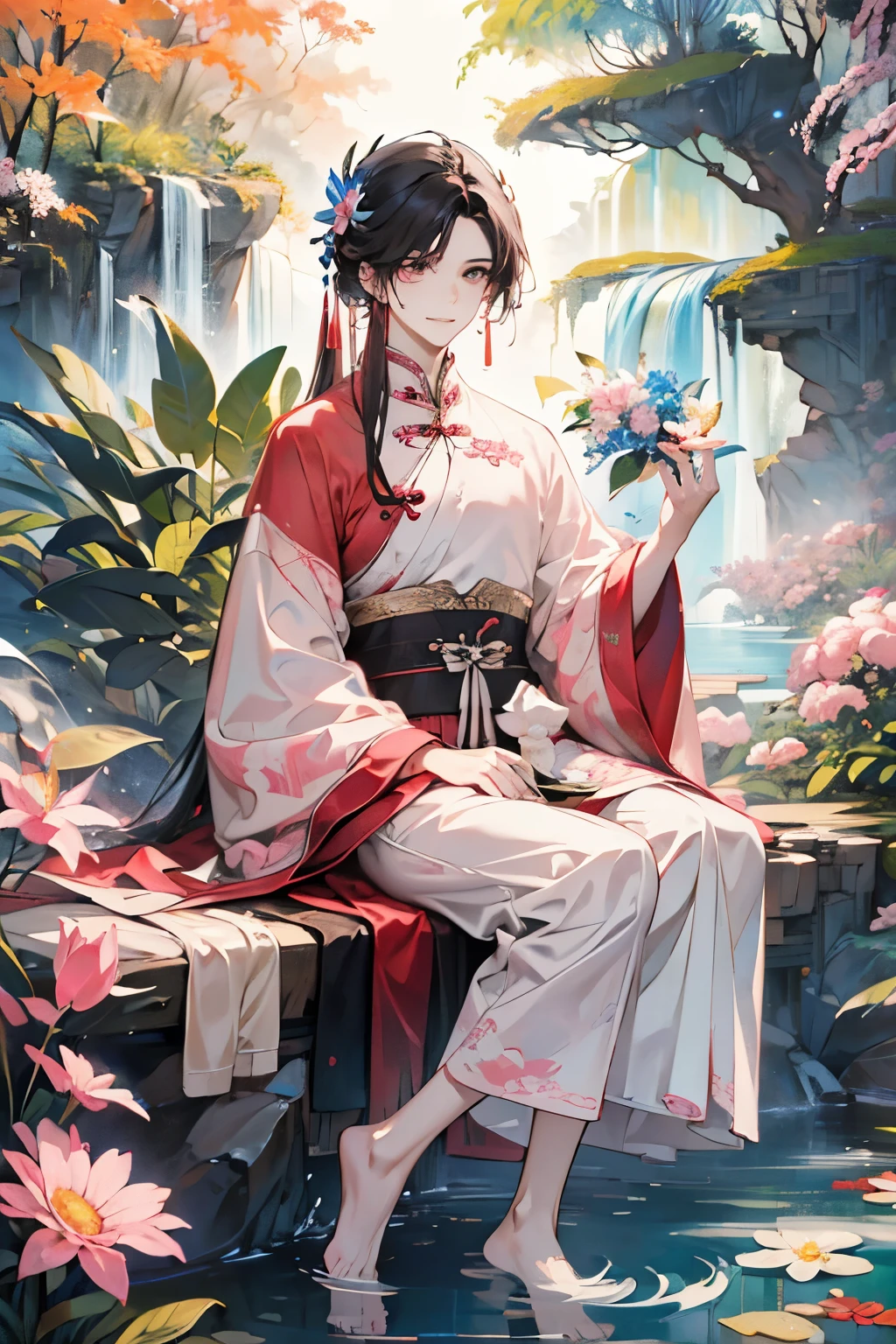 (old male:1.45)、(masterpiece、highest quality、highest quality、Beautiful and beautiful:1.2)、(Good anatomy:1.5)、Painting of a male with milky black hair、Shy smile、Sparkling Eyes、(dark eyes)、(looking down:1.3)、A waterfall is flowing between the flowers and leaves、(sunny days:1.45)、(black、pink、orange、cream:1.2)、(Chinese hanfu man:1.25)、(Summer resort:1.3)、I'm embarrassed and my face turns red、((Bathing:1.2))、(barefoot)、(playing by flapping their feet:1.2)、Close-up of face