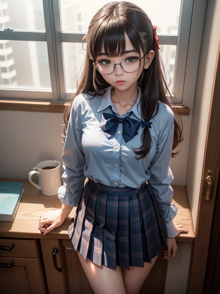 elvish,（8K、Raw photography、top-quality、​masterpiece：1.2),watching at viewers,Looking at the front,short twintails,Bullish,Muchimuchi,Erotic,Pupils,Light Blue Bra,de pele branca,kne,(Black pantyhose),absurderes,a small face,,flat breast,Parting the bangs from the middle、Forehead visible,(be shy,Tight eyes,glares,Bullish,skinny,Rasping,irate)、​masterpiece,top-quality、超A high resolution,Raw photo,ren,Beautiful fece,One Person, solo,eye glass,,Dark look,Small breasts,fullllbody,Round glasses、cute little、Back to Student,JK ,hi-school girl,A Japanese Lady,is standing,（Photorealsitic：1.37）、Photon mapping,Realistic、Cute little face,Brown-eyed、Black socks、(Red bow tie)、Radio City、Physically Based Rendering、Foreground、depth of fields、Blurry background、a picture,The girls、Body,beauty legs, Long legs, Thin leg,Tie your hair into one strand on your chest,(Bangs are visible), hair, s lips, Blue_The eye, nosesoft,(Light blue shirt), (Navy and blue and white plaid pleated skirt), Knees are visible,Sheer clothing,, Thigh, Black cotton socks,Nogizaka Idol, actress, Japanese ido, camel toe,white panties,