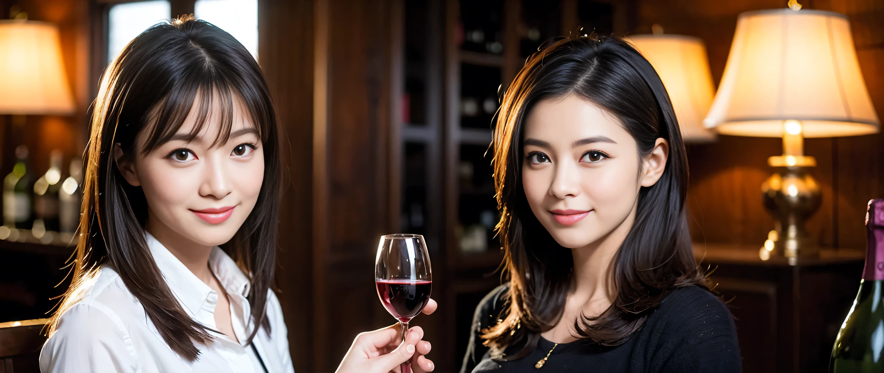 ((highest quality、8k、masterpiece:1.3))、wine 、1 male 1 female、couple、Lovers couple、Slim body、((Bob Hale、Straight hair:1.2)), (Realistic, Intricate details:1.2), テーブルにWine Glass、Shine light on your face、 Amazing view of the sunset sky and clouds、Amazing mountain views、A bright smile、The wonderfulness of smile、Bright image、The beauty of wine, Beautiful Face, blue eyes, The light shines on your face, Blushing, short hair,Bright Face、 (Age 37), 39 years old, Red wine 、Appetizers、Italian food、wine bottle、Champagne、Sparkling wine、Two beauties、Brown Hair、Shortcuts、Long sleeve shirt、dress、Pretty Woman 1, (Slim face), (The body is slim), (Brown Hair), (Shortcuts), cheeks turn a little red,Attractive beauty、restaurant, In a prominent place (From the waist up) Nova Frog Style, actress, model, Upper Body, White wine, slim, Wine Glass, 真ん中に置かれたWine Glass, smile, (smile: 1.15), Beautiful fine grain, Depth f/2,saturation, High Contrast, Strong light and shadow,Moist Body:1.5、3D texture、Delicate eyes、Brown Hair、The hair is very shiny、