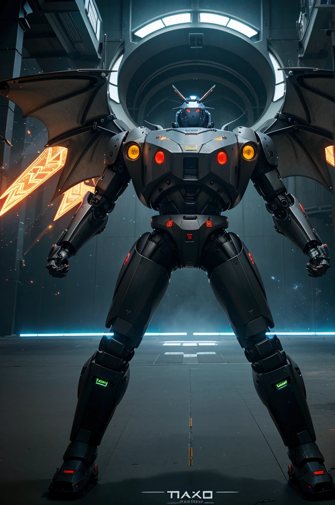 A very big mech robo towering over the earth the robot have machanical wings similar to a dragona DNA on the chest of mech DF is written in glowing letters