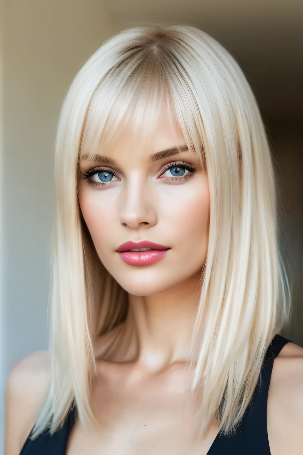 highest quality, 8K, masterpiece, photorealistic, High definition, sharp focus, 1 girl, 38 year old gorgeous fashion supermodel, bright white blonde hair, medium length hair, dull bangs, hair behind the ear, long hair, slender body shape, super detailed face, delicate lips, Moderate, beautiful eyes, lipstick, light blush, perfect shiny shiny skin, invite the gaze, view audience