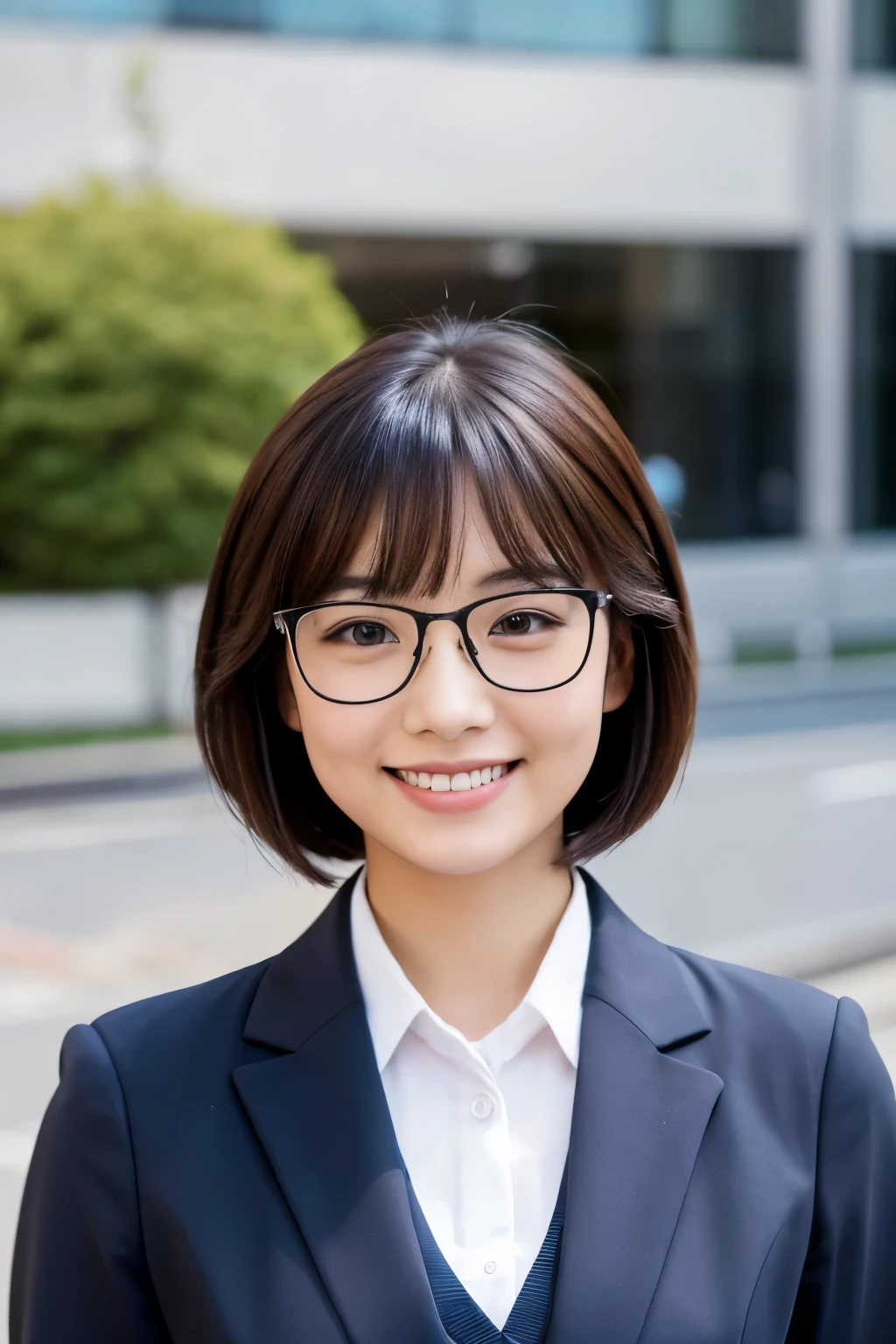 Beautiful short haired asian with office uniform with glasses smiling