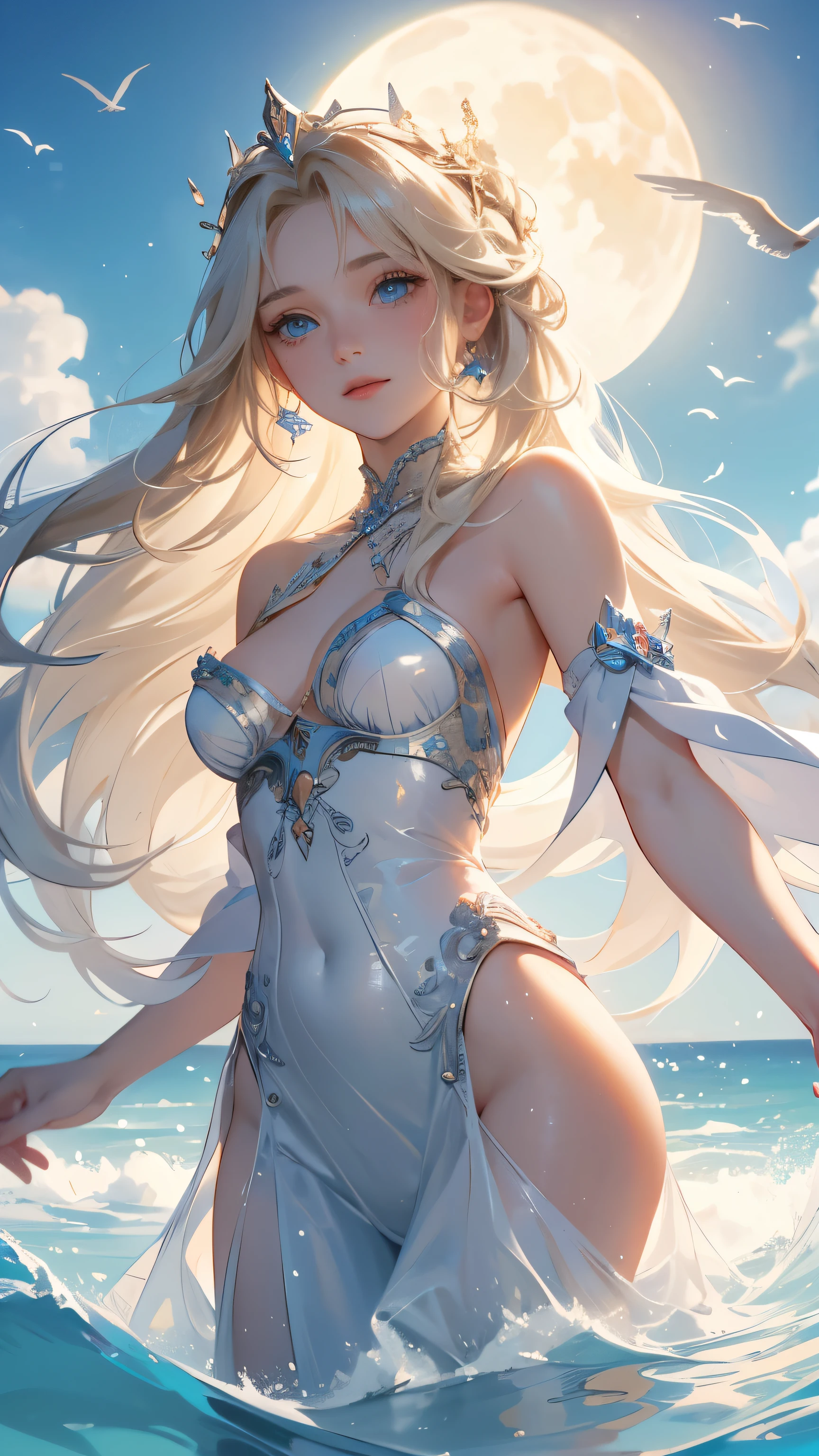 ,((highest quality))),8k,((masterpiece)),(Very sophisticated and beautiful), A naked girl emerges from the sea, The Swan Princess of Russian Mythology, Beautiful calm face, blue eyes, Long blonde hair braided, Moon braid at the back of the head, With a kokoshnik crown on his head、White and shiny old Russian clothing, Loving eyes, Half-laugh, There was a gentle look on his face, Background seascape and sunlight, Seagulls in the sky, full length, realism