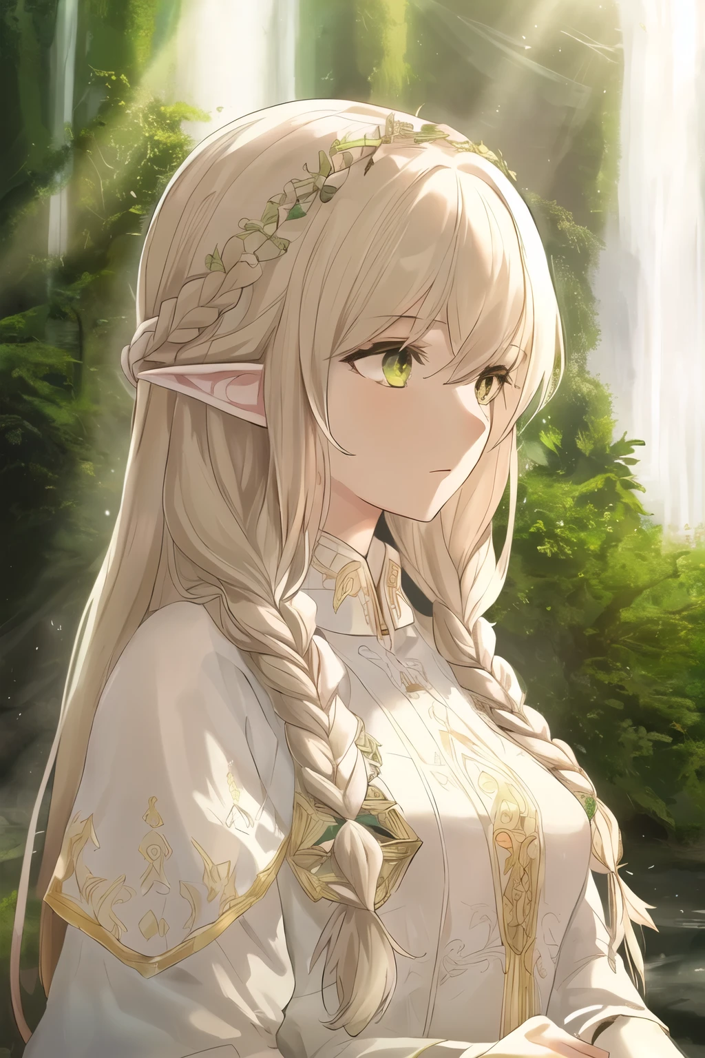 upper body close-up, druid female elf, multiple stitched layer cloth armor, white silk cloak, intricate floral pattern, long dark blonde hair, waterfall braid hairstyle, detailed face and eyes, young woman, forest lake with ruins background, volumetric light, god rays, long elf ears, green and white silk outfit, wooden accessories