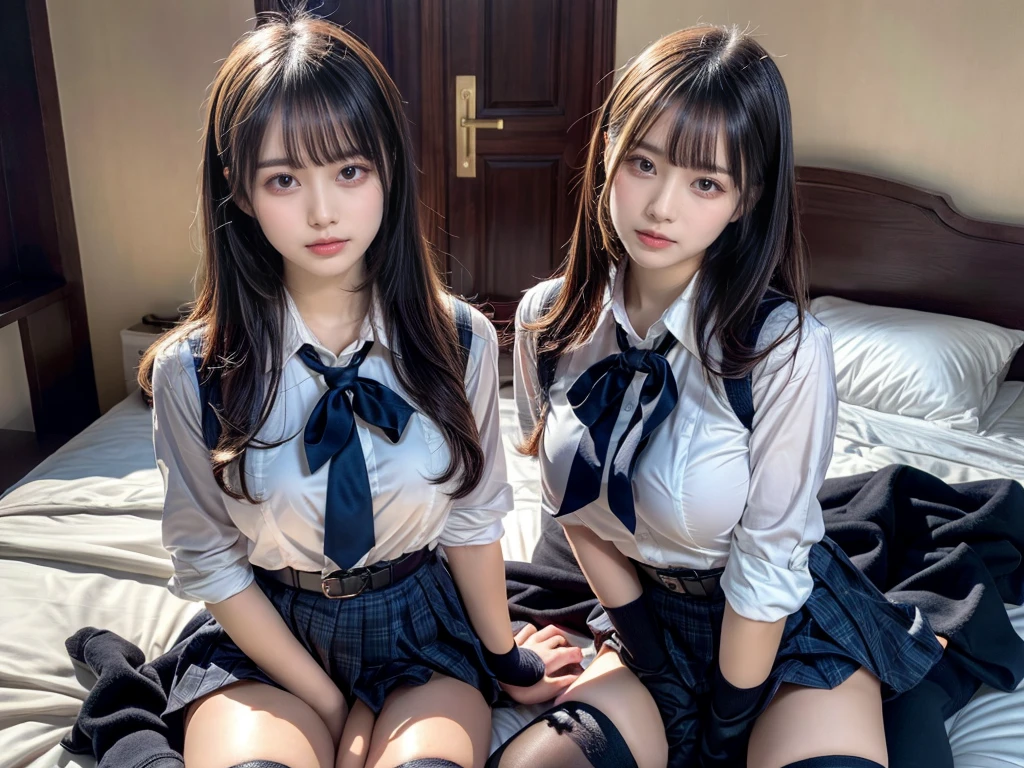 (8K, Raw photography, top-quality, masterpiece:1.2), master piece, best quality, illustration, Super detailed, fine details, High resolution, 8K,wall paper, perfect dynamic composition,(Details High quality, realistic depiction of eyes:1.3), ((2 girls, 2 schoolgirls)), The background is a luxury hotel room、High school girl uniform、blazer 、Super Short Check Uniform Skirt、Navy blue high socks、garterbelts、Colossal tits、Disturbed uniform, Play with each other,Touching each other's bodies,Touching the body of the girl next door, short bob hair, black hair color, huge breasts, Big Natural Color Lip, bold sexy pose, (perfect body shape), crying a little、cold gaze, Beautiful makeup,glitter makeup,Cutest 18 years old, beautiful legs, hposing Gravure Idol, Voluptuous thighs