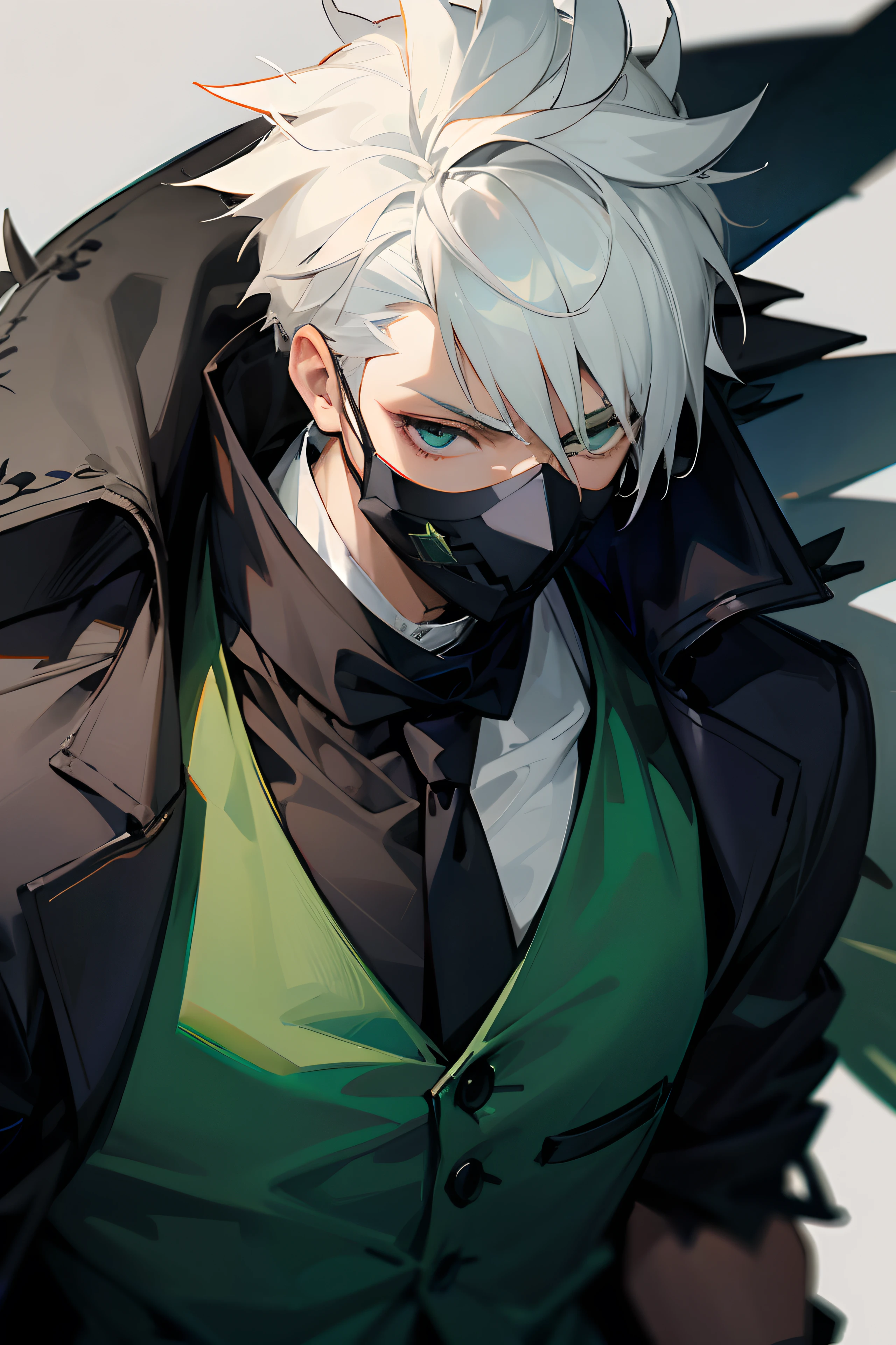 anime, Man, cabelos brancos espetados, black mask in the mouth, colete verde com detalhes em cinza
