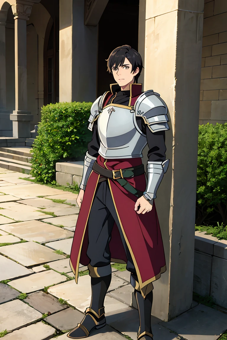 25 years old man, palladin, short black hair, hazel eyes,fantasy heavy knight armor, in the castle courtyard,whole body