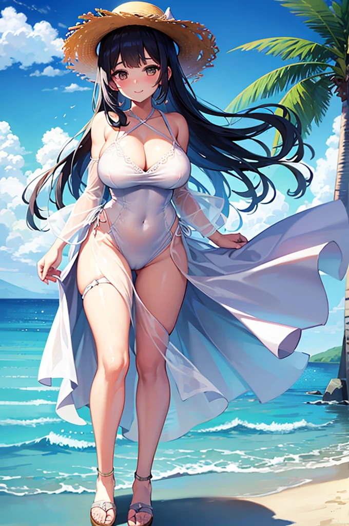 detailed background、top quality、beach、20 generations of beauties 3 people、Cute hairstyle、Huge breasts、smiling、Feminine and stylish one-piece style、Choose a flared skirt or maxi dress、Choose cool materials、Pair your feet with sandals or espadrilles、Add a resort feel with a straw hat or tote.、Vibrant colors and patterns、With ruffles and lace details、Creates feminine glamor, big breasts, a transparent dress, the wind lifts up the dress and exposes the vagina