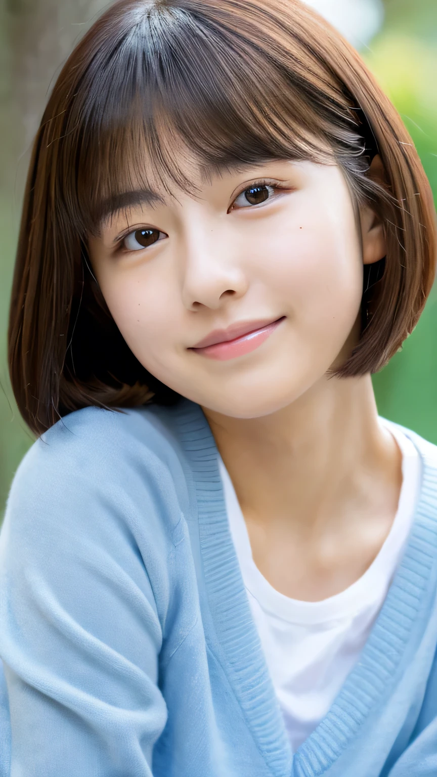 masterpiece　High resolution　Female student　Delicate face　very cute　natural atmosphere　boyish　　Bobcut　Dimples　Mole　Tanuki face　No sleeve　Are standing