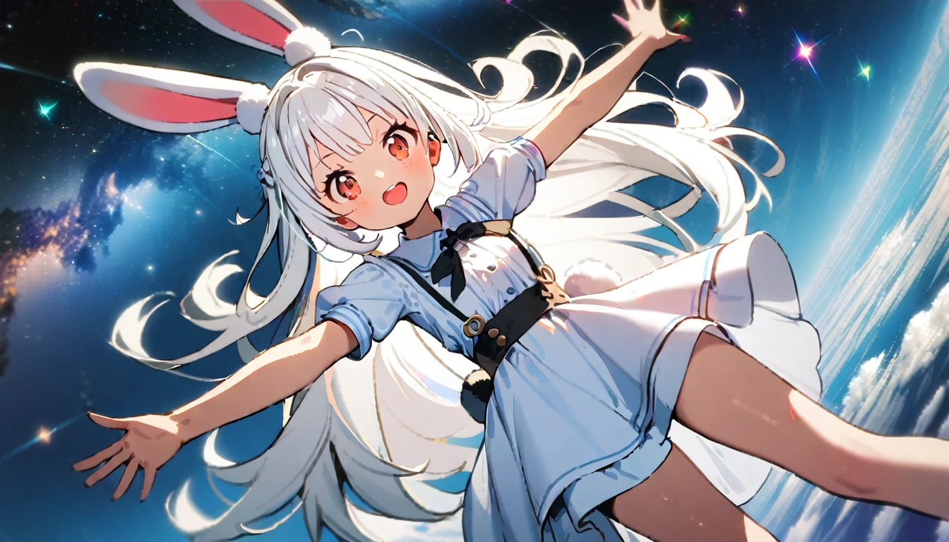 (2females:2.0),(2females:2.0),(2females:2.0),(2females:1.8),2females\(rabbit girl,cute,kawaii,small kid,(white hair:2.0),(long hair:1.6),(rabbit ear:2.0),rabbit ear is white,white long dress with frill,red eyes,big eyes,skin color white,big hairbow,smile,cute pose,dynamic angle,(full body:0.8)\), BREAK ,background\(cosmic,shiny milkyway,beautiful galaxy,dark,beautiful stars\), BREAK ,quality\(8k,wallpaper of extremely detailed CG unit, ​masterpiece,hight resolution,top-quality,top-quality real texture skin,hyper realisitic,increase the resolution,RAW photos,best qualtiy,highly detailed,the wallpaper\),((cute pose)),dynamic angle