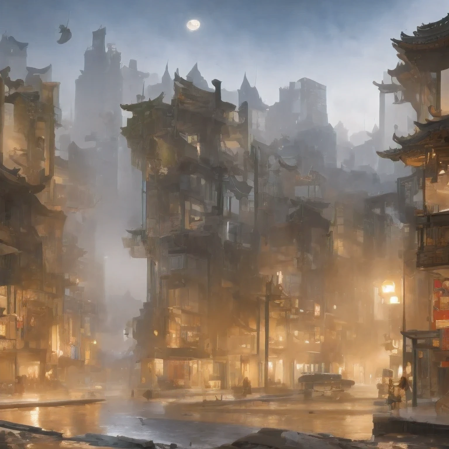 （（（watercolor））））landscape，watercolor，stylized urban fantasy artwork, dreamy chinese town, concept art ， highly rendered, game art matte painting, matte painting 4k 8k, cinematic. by leng jun, in a tropical and dystopic city, 8k matte painting, 8 k matte painting，（（（Heavy rain）））