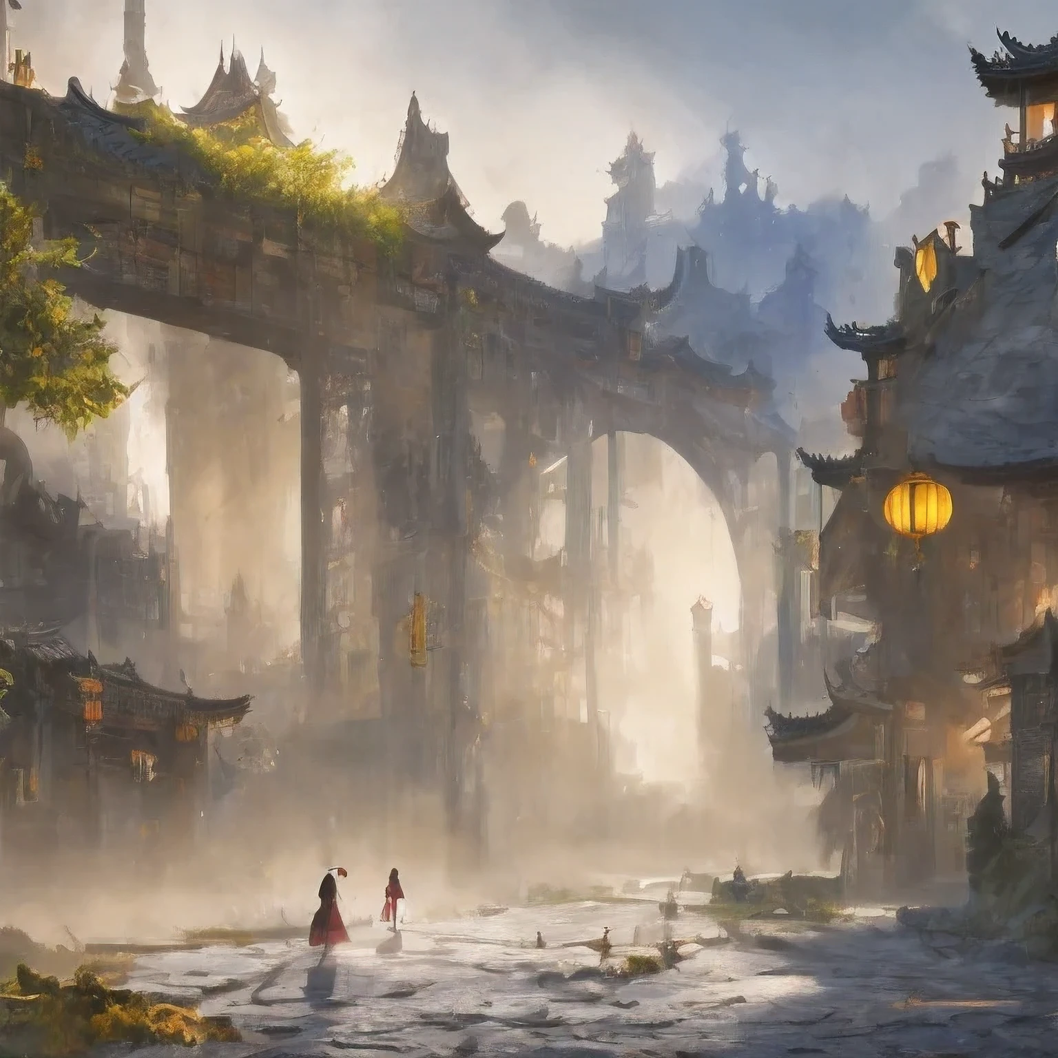 （（（watercolor））））landscape，watercolor，stylized urban fantasy artwork, dreamy chinese town, concept art ， highly rendered, game art matte painting, matte painting 4k 8k, cinematic. by leng jun, in a tropical and dystopic city, 8k matte painting, 8 k matte painting，（（（Heavy rain）））