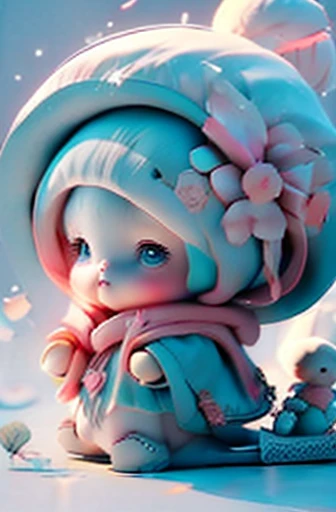 Q version snow baby doll,light blue hair,Wearing a pink woolen hat,expressionless,Wearing a white down jacket,Right hand holding white umbrella,There are small white flowers on the umbrella surface,front Photo、Back photo、Right side view、left side view