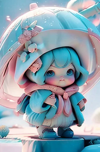 Q version snow baby doll,light blue hair,Wearing a pink woolen hat,expressionless,Wearing a white down jacket,Right hand holding white umbrella,There are small white flowers on the umbrella surface,front Photo、Back photo、Right side view、left side view