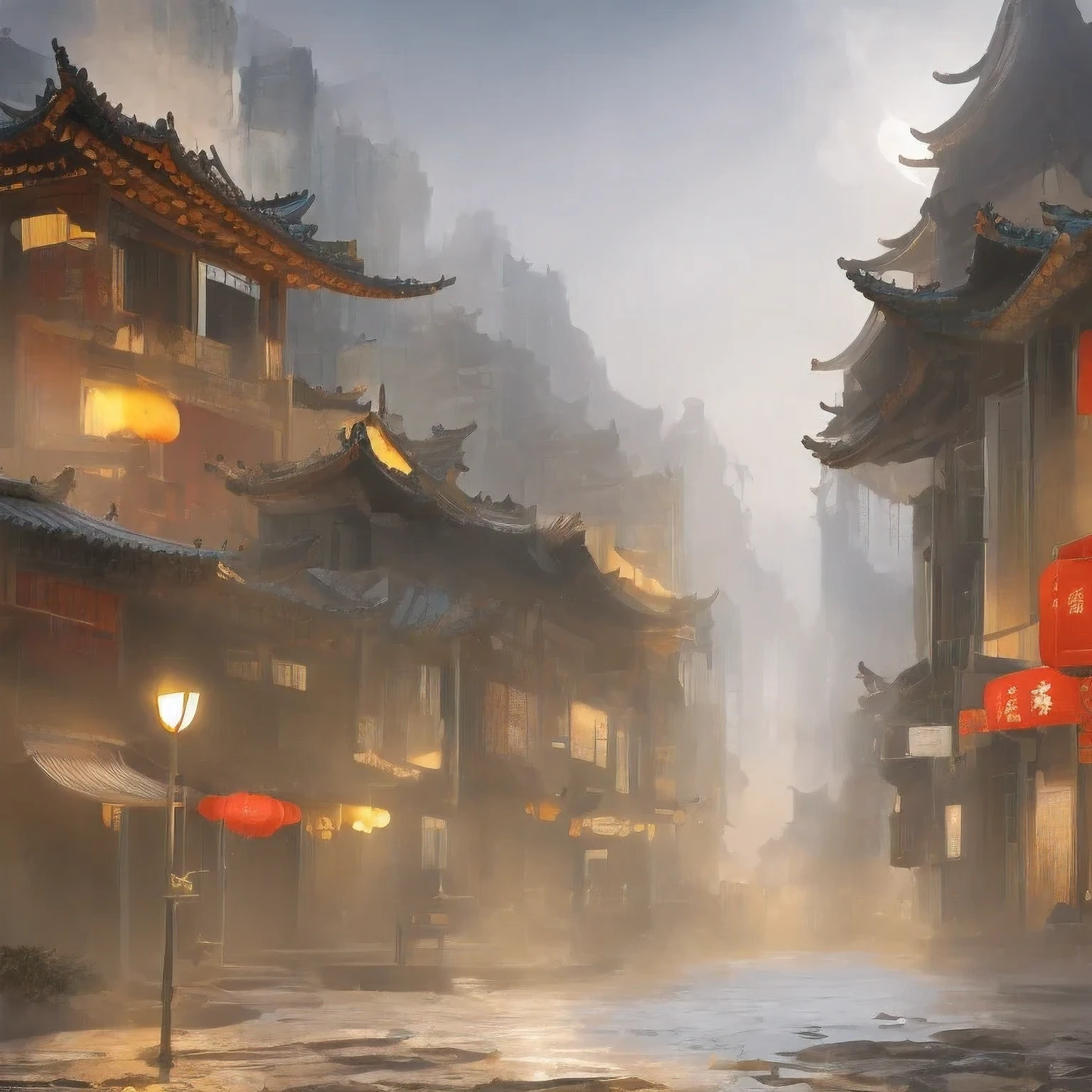 （（（watercolor））））landscape，watercolor，stylized urban fantasy artwork, dreamy chinese town, concept art ， highly rendered, game art matte painting, matte painting 4k 8k, cinematic. by leng jun, in a tropical and dystopic city, 8k matte painting, 8 k matte painting，（（（Heavy rain）））