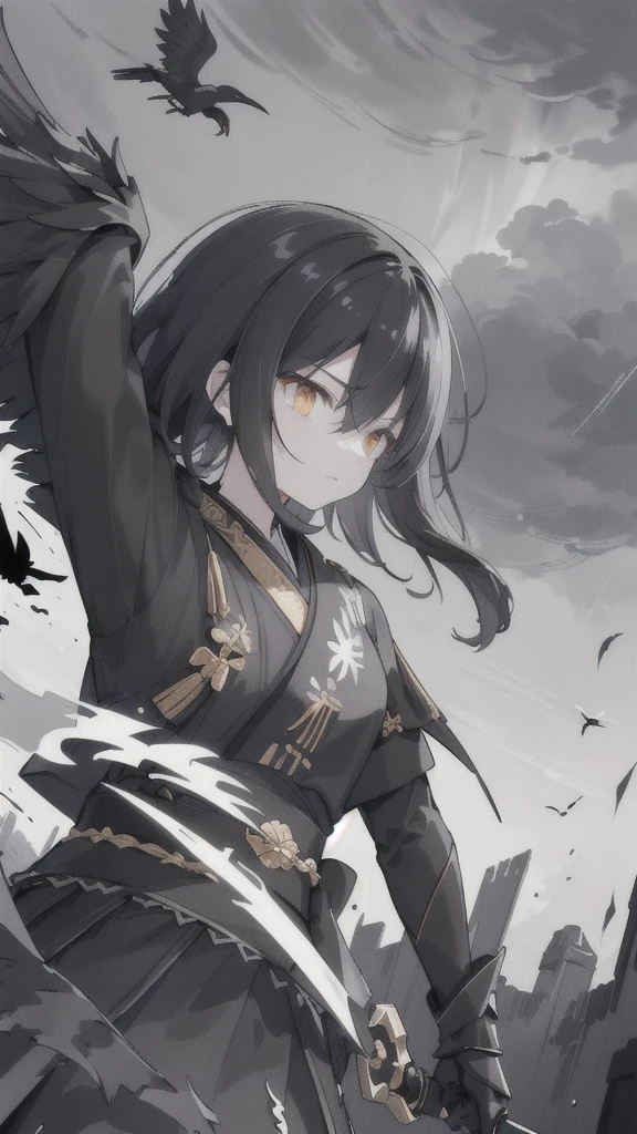 (dark hair,short black hair),(golden eyes),(black hanfu,black armor),(ink black longsword),(ravens),(high contrast,monochrome,black and white),(mystery,ominous),(stormy atmosphere,thunderstorm),(dramatic lighting),(detailed textures),(dynamic pose),(dark background)