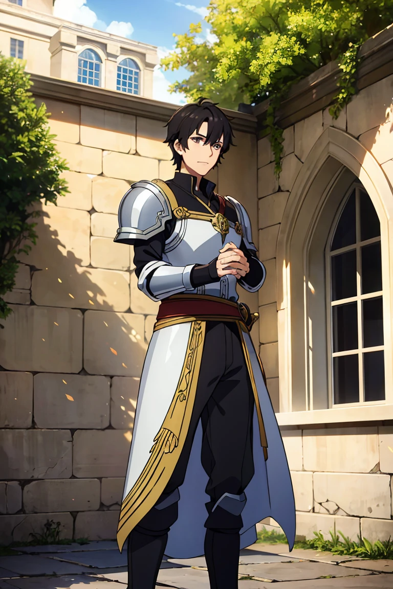 25 years old man, palladin, short black hair, hazel eyes,fantasy light armor, in the castle courtyard,whole body
