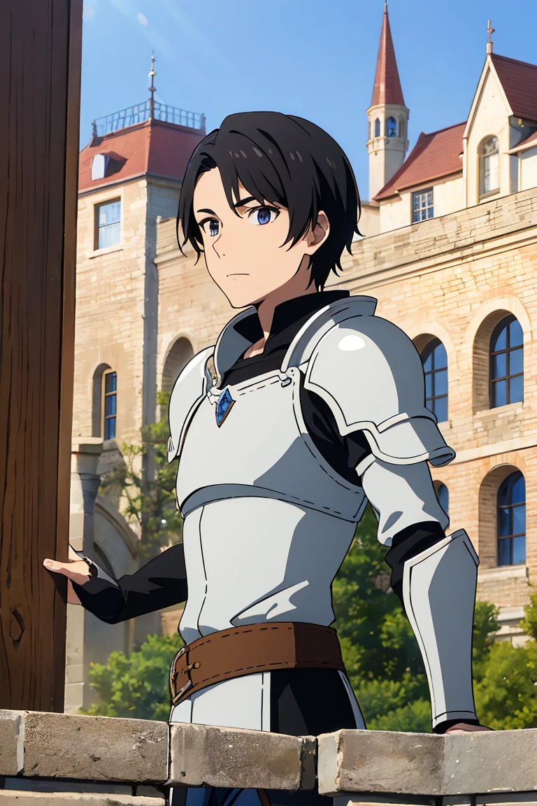25 years old man, palladin, short black hair, hazel eyes,fantasy light armor, in the castle courtyard,whole body