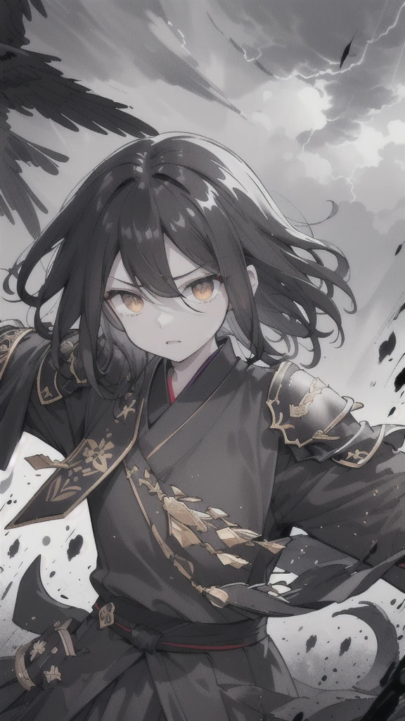 (dark hair,short black hair),(golden eyes),(black hanfu,black armor),(ink black longsword),(ravens),(high contrast,monochrome,black and white),(mystery,ominous),(stormy atmosphere,thunderstorm),(dramatic lighting),(detailed textures),(dynamic pose),(dark background)