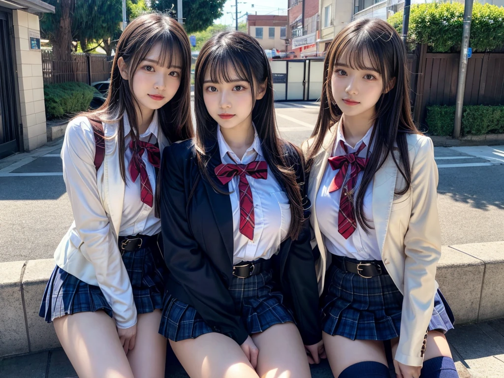 (8K, Raw photography, top-quality, masterpiece:1.2), master piece, best quality, illustration, Super detailed, fine details, High resolution, 8K,wall paper, perfect dynamic composition,(Details High quality, realistic depiction of eyes:1.3), ((2 girls, 2 schoolgirls)), The background is a luxury hotel room、High school girl uniform、blazer 、Super Short Check Uniform Skirt、Navy blue high socks、garterbelts、Colossal tits、Disturbed uniform, Play with each other,Touching each other's bodies,Touching the body of the girl next door, short bob hair, black hair color, huge breasts, Big Natural Color Lip, bold sexy pose, (perfect body shape), crying a little、cold gaze, Beautiful makeup,glitter makeup,Cutest 18 years old, beautiful legs, hposing Gravure Idol, Voluptuous thighs
