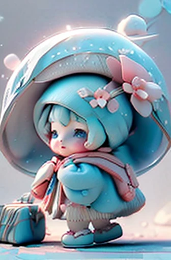 Q version snow baby doll，light blue hair，Wearing a pink woolen hat，expressionless，Wearing a white down jacket，Right hand holding white umbrella，There are small white flowers on the umbrella surface，Carrying a small white schoolbag on the back，front Photo、Back photo、Right side view、left side view
