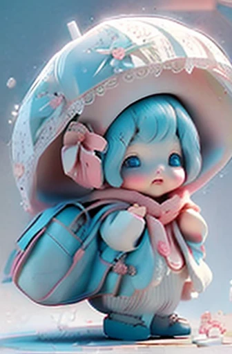 Q version snow baby doll,light blue hair,Wearing a pink woolen hat,expressionless,Wearing a white down jacket,Right hand holding white umbrella,There are small white flowers on the umbrella surface,Carrying a small white schoolbag on the back,front Photo、Back photo、Right side view、left side view